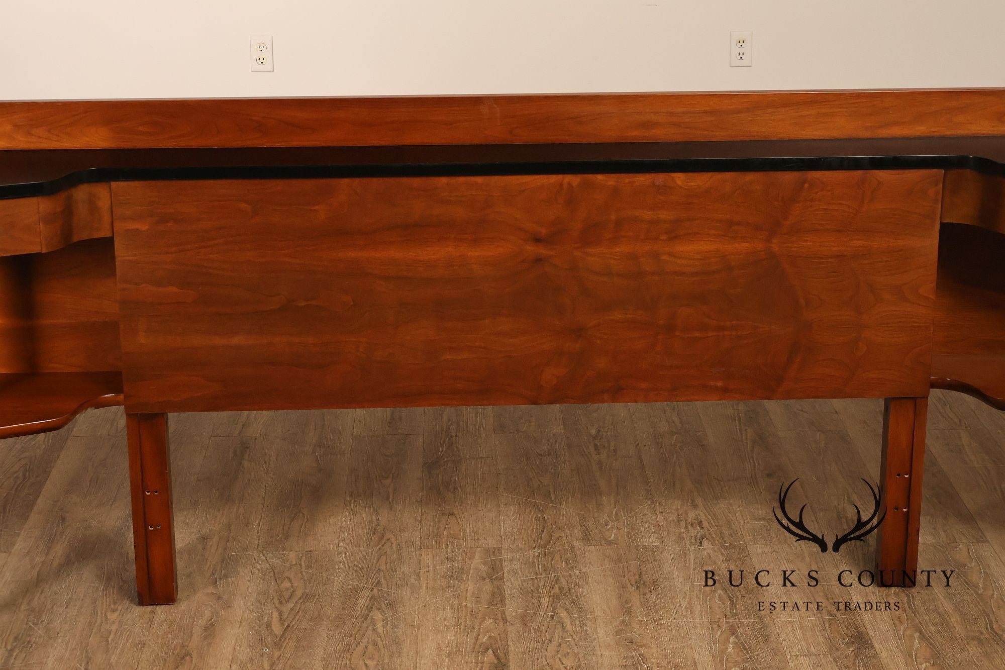 American Of Martinsville Mid-Century Modern Walnut Headboard With Black Laminate Top And Brass Feet- Full Size