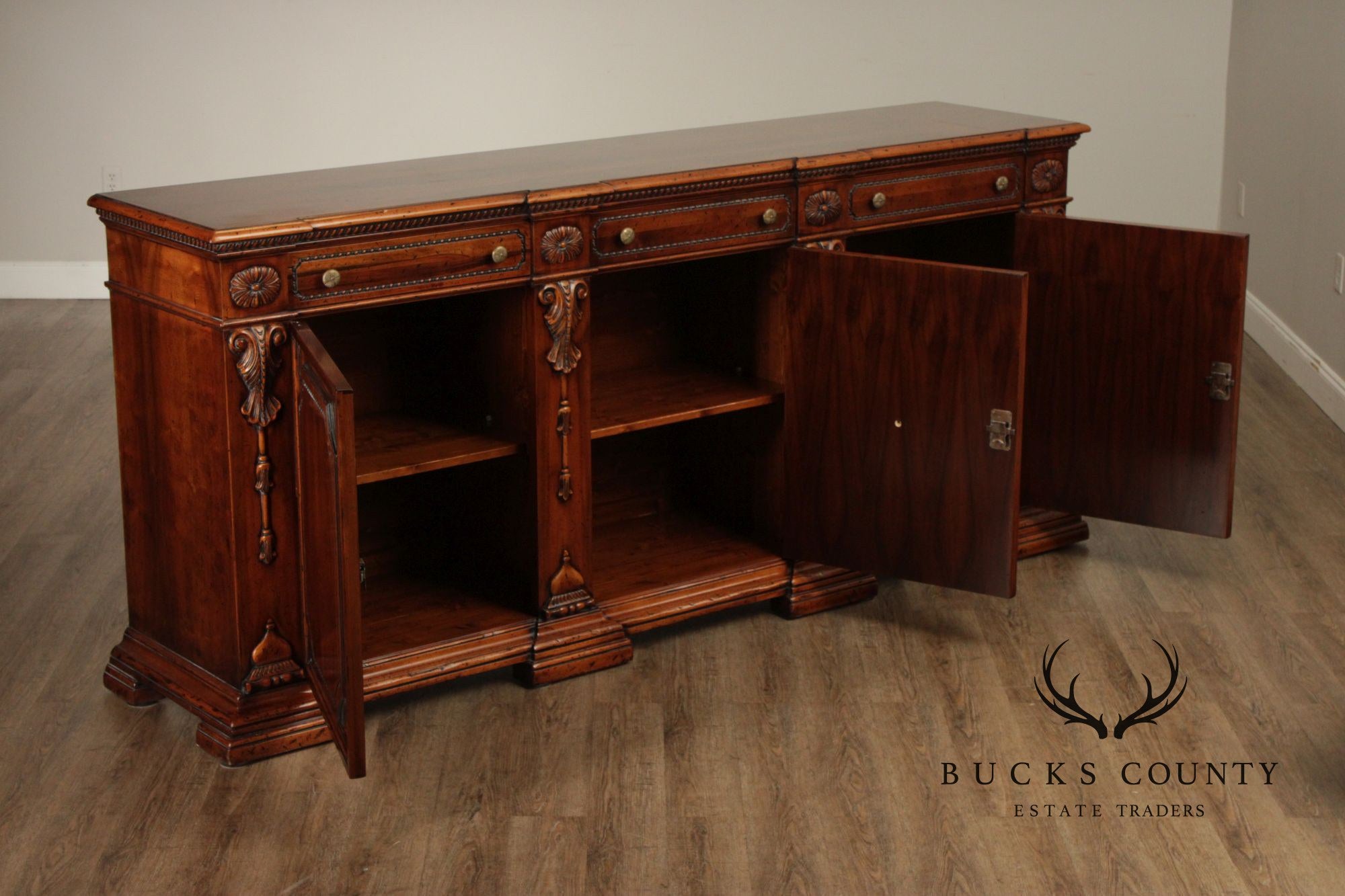 Francesco Molon XVI Century Style Large Walnut Carved Sideboard