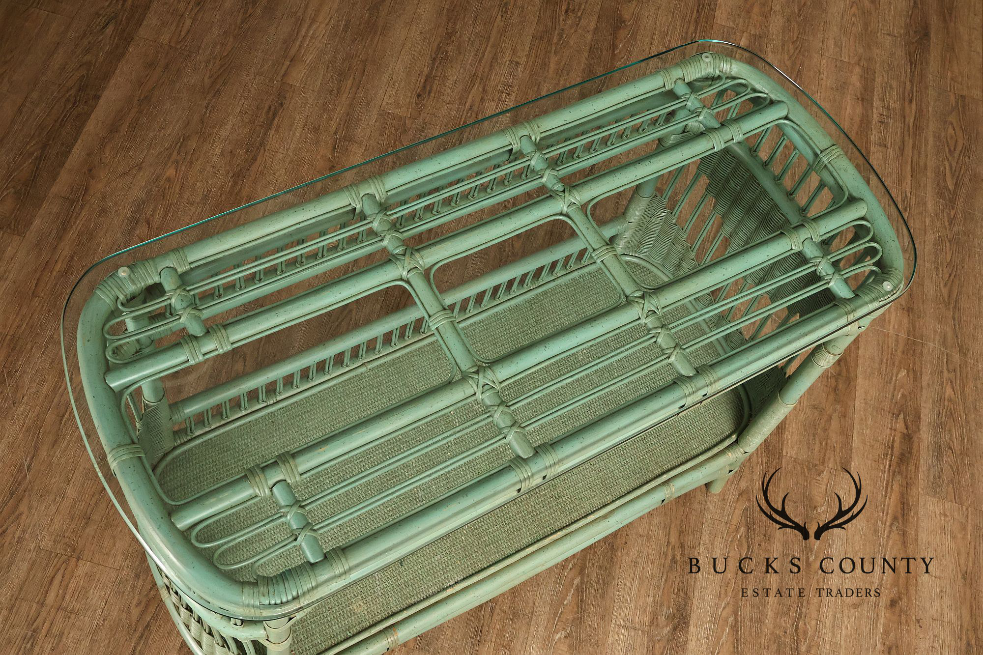 Boho Chic Glass Top Painted Rattan Glass Top Console Table