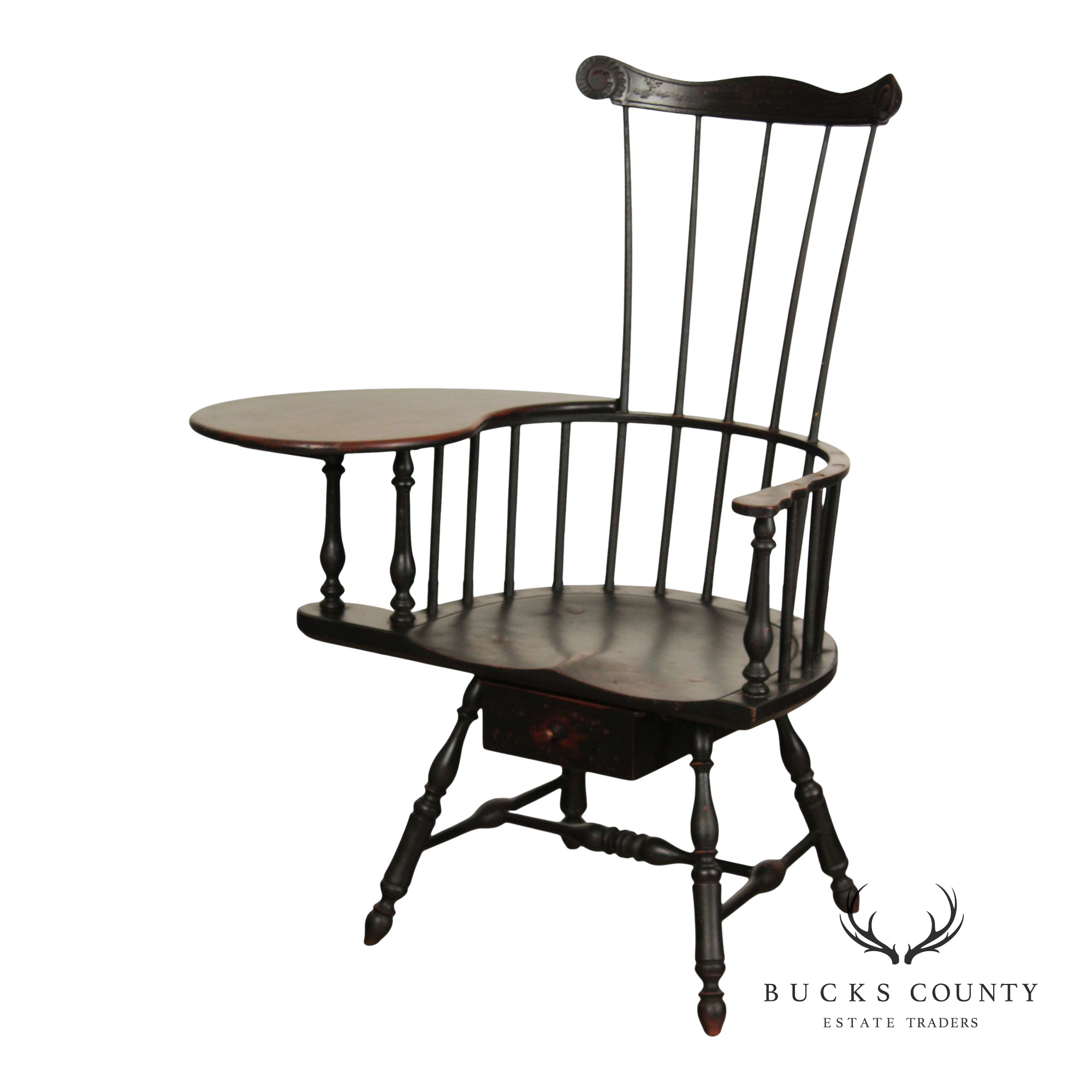Quality Antique Reproduction Black Painted Writing Arm Windsor Chair