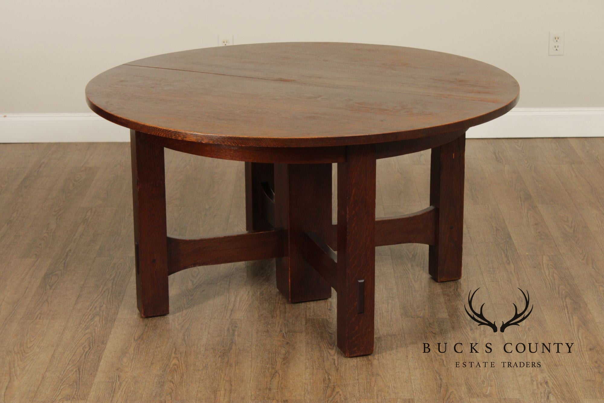 Gustav Stickley Antique Round Mission Oak Expandable Five-Leg Dining Table
