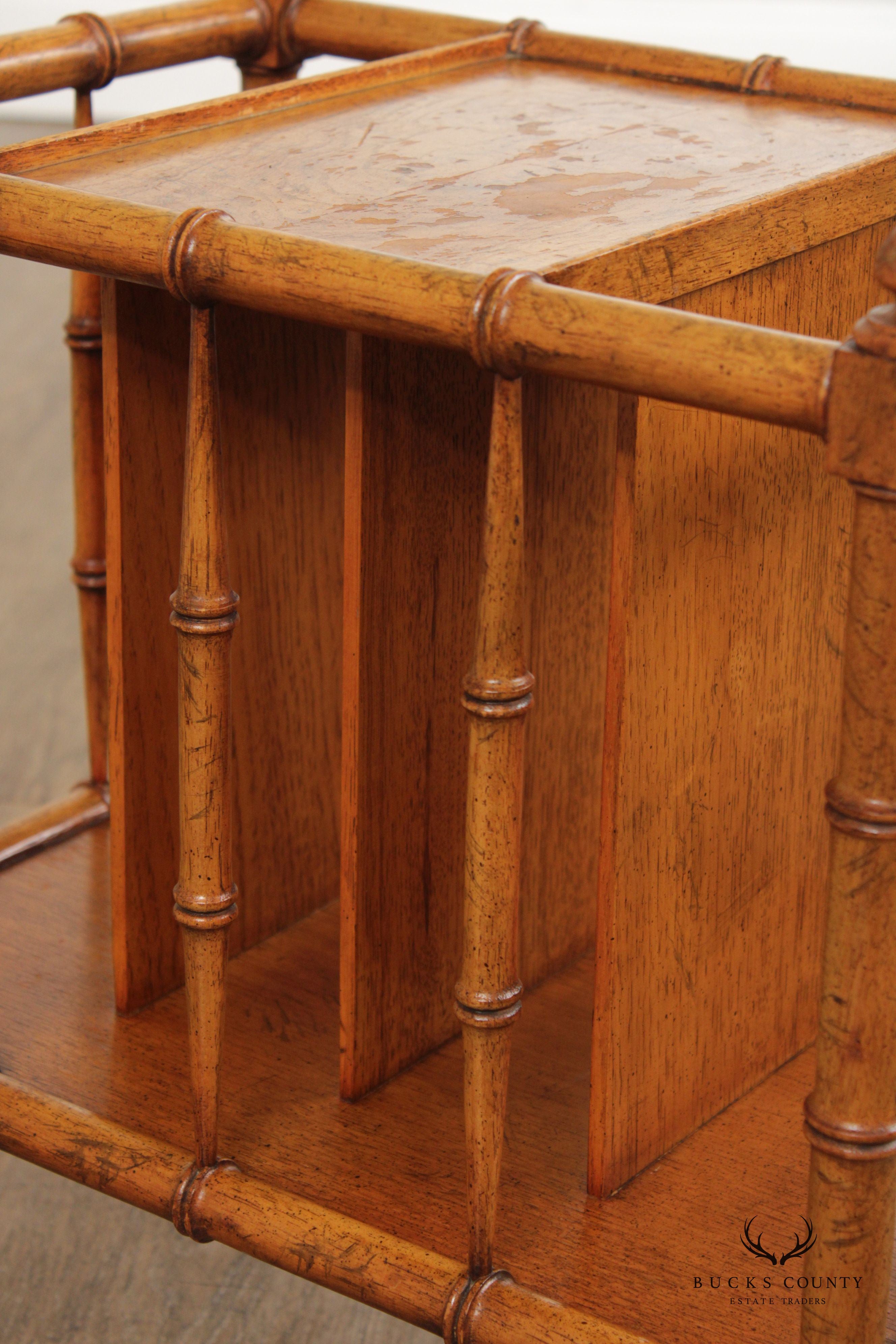 Vintage Walnut Faux Bamboo Canterbury Magazine Rack