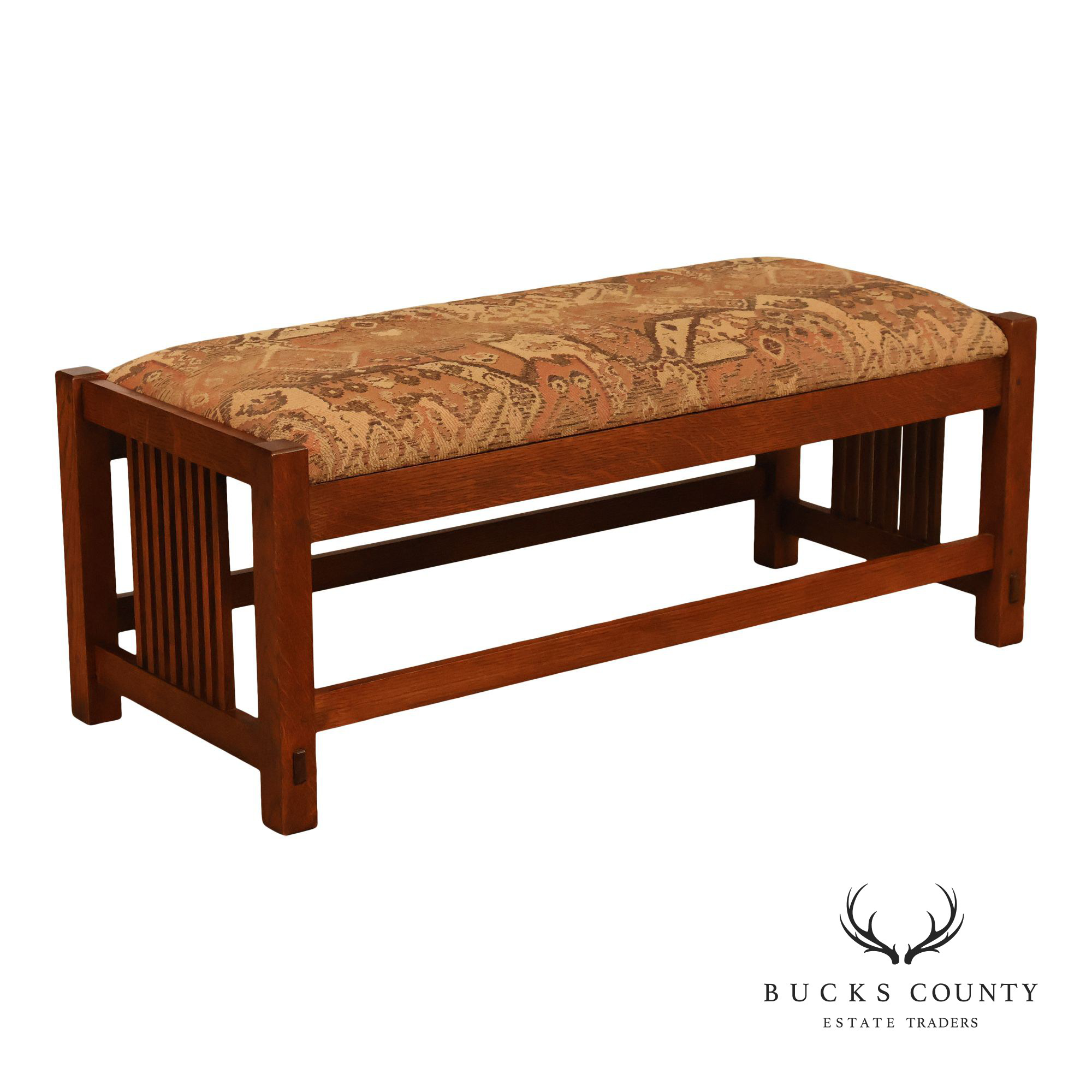 Stickley Mission Collection Oak Spindle Bench With Upholstered Seat