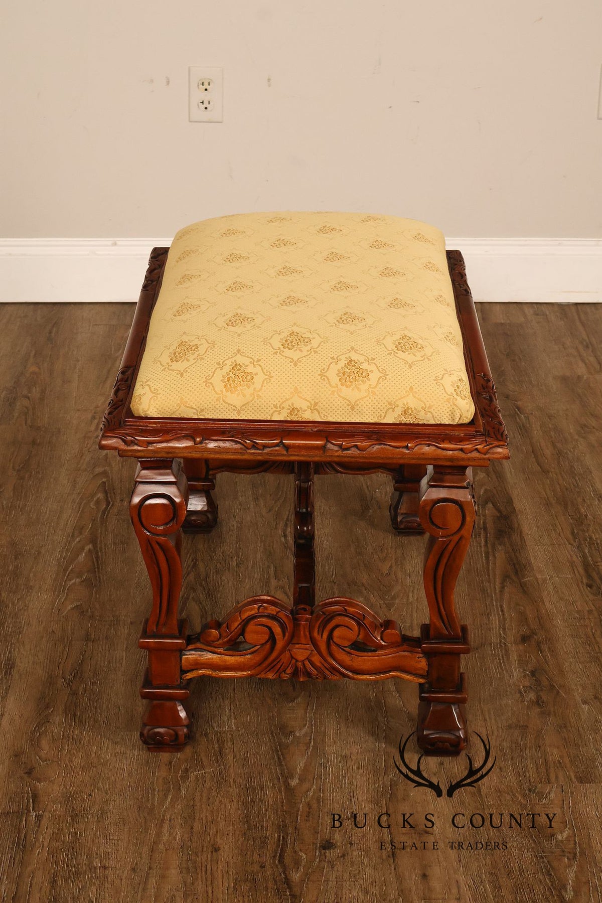 Victorian Style Carved Wood Upholstered Bench