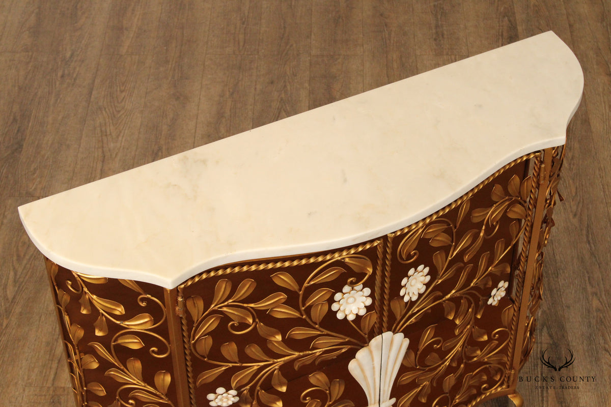 Italian Hollywood Regency Marble Top Floral Console Cabinet