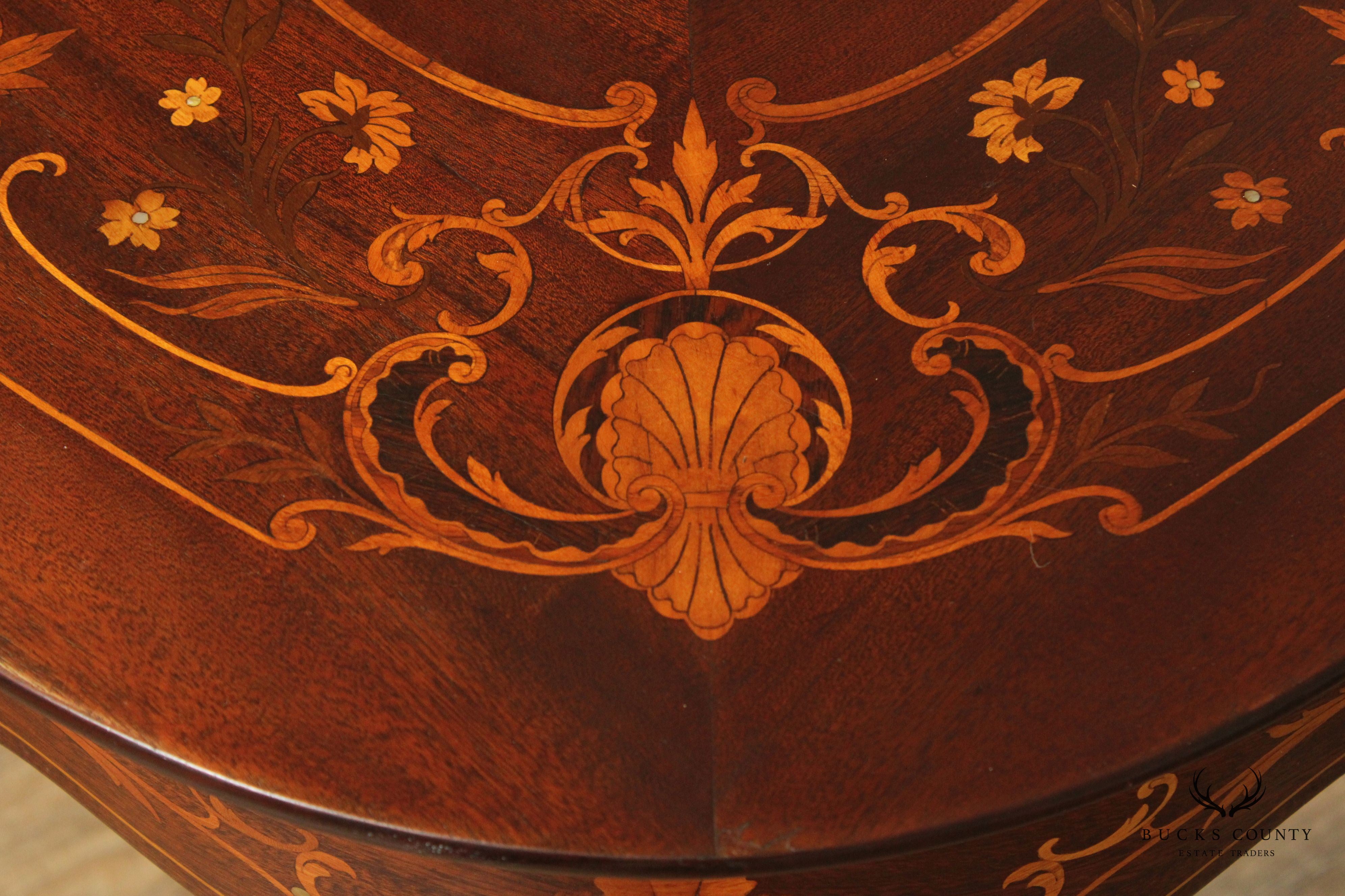 Antique Inlaid Mahogany Center Table With Floral Marquetry And Mother Of Pearl Accents