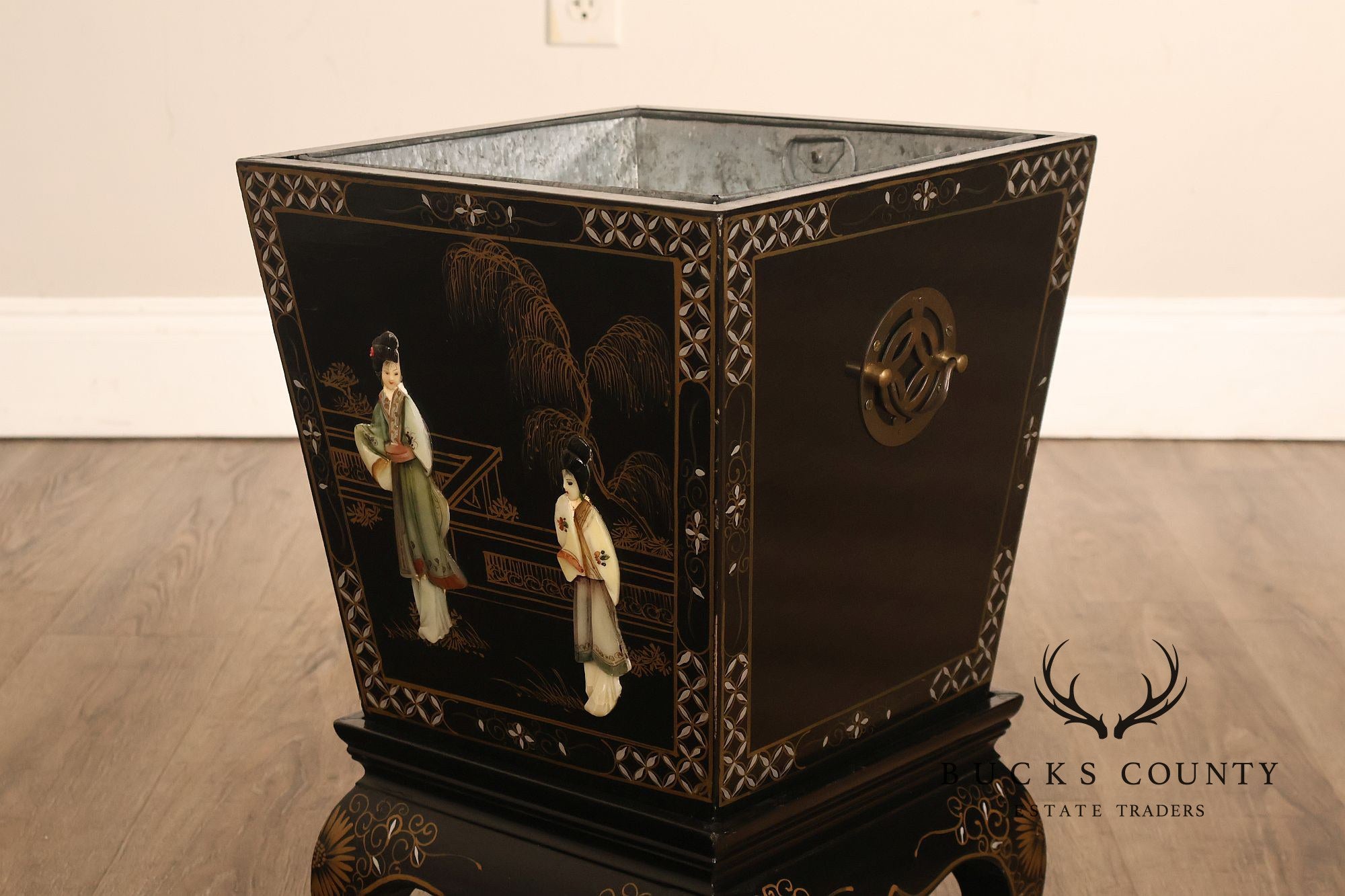 Chinese Black Lacquer Mother Of Pearl Inlaid Figural Planter On Matching Stand