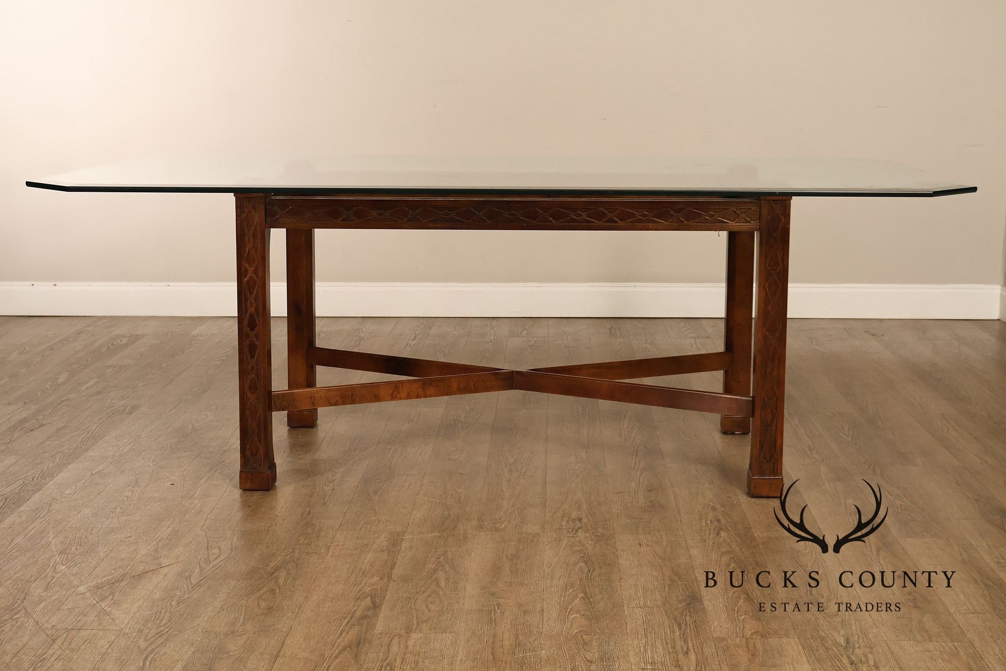 Chinese Chippendale Style Glass Top Mahogany Dining Table