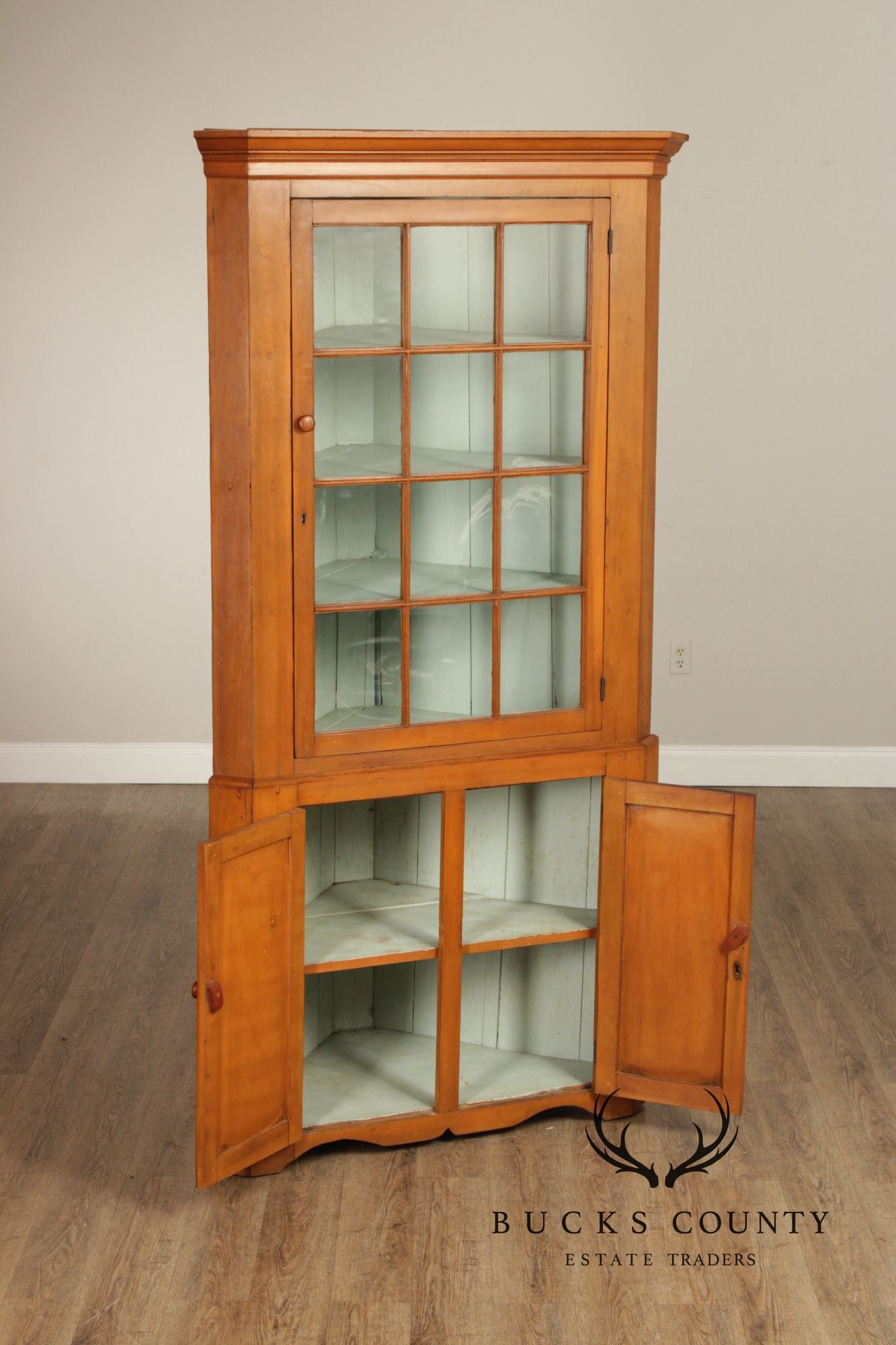 Antique Farmhouse Poplar Twelve-Pane Corner Cabinet