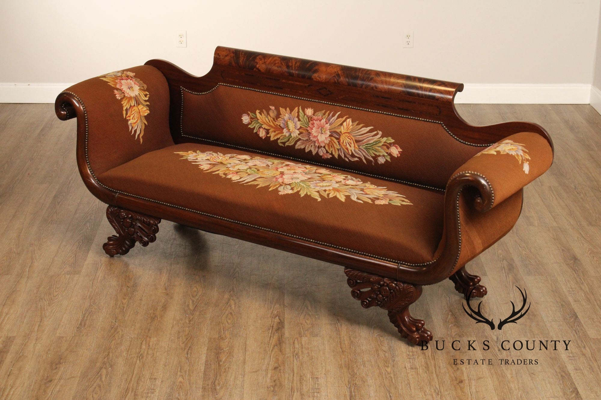 American Empire Carved Mahogany and Needlepoint Sofa