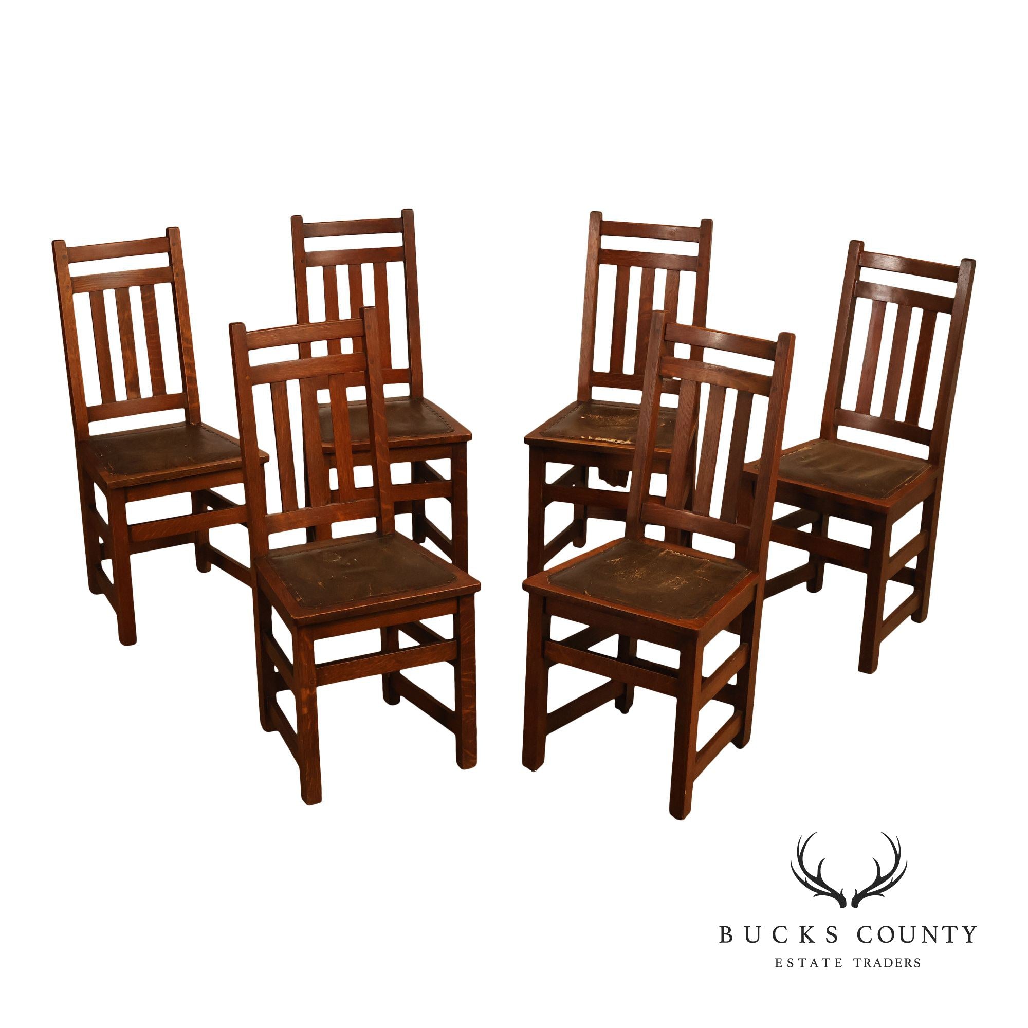 Antique Limbert Set Of 6 Arts & Crafts Oak Dining Chairs