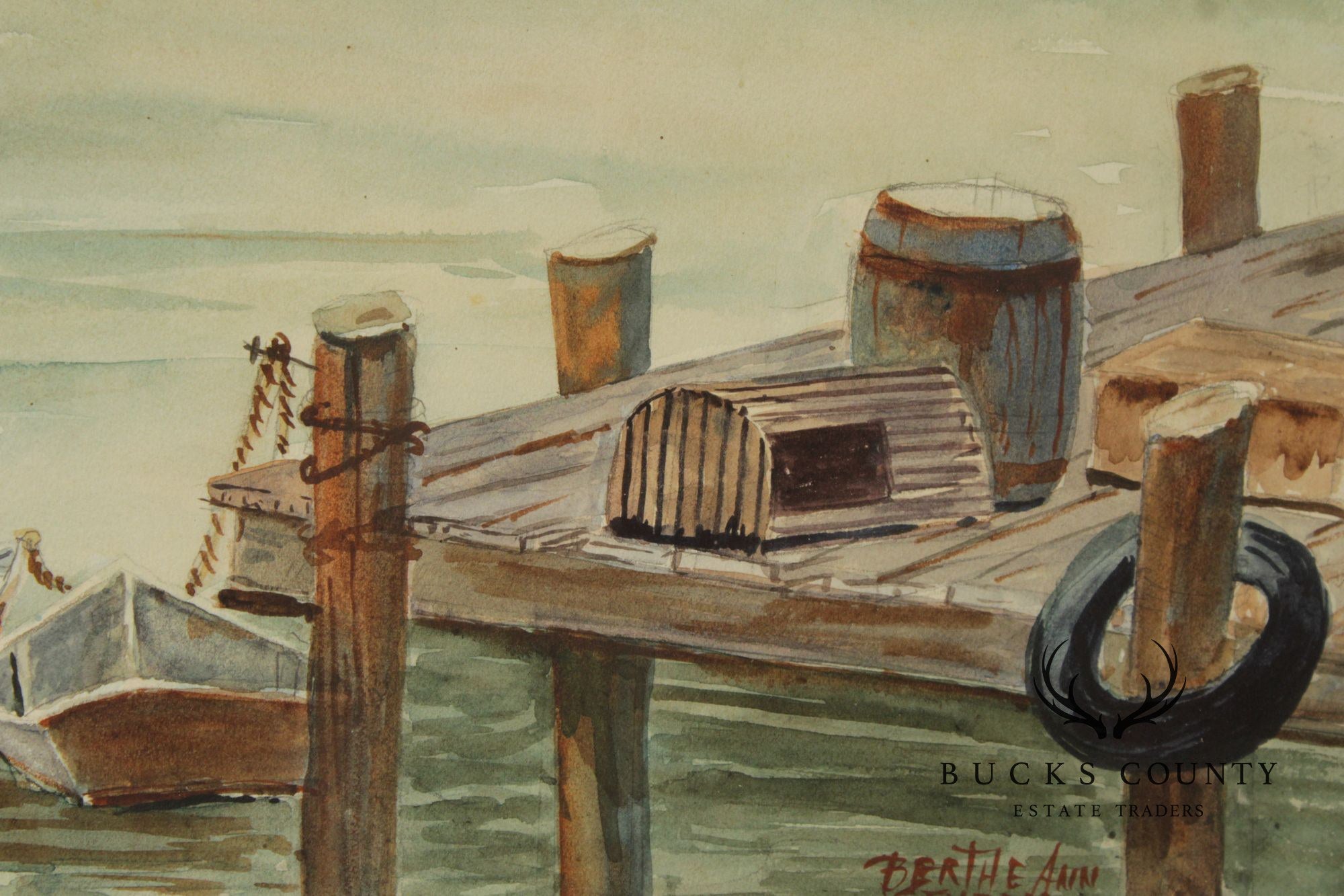 Bertha Ann Stupak Watercolor Painting, Boats in Harbor