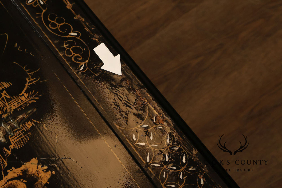 Asian Inspired Black Lacquer Coffee Table With Figural Inlay