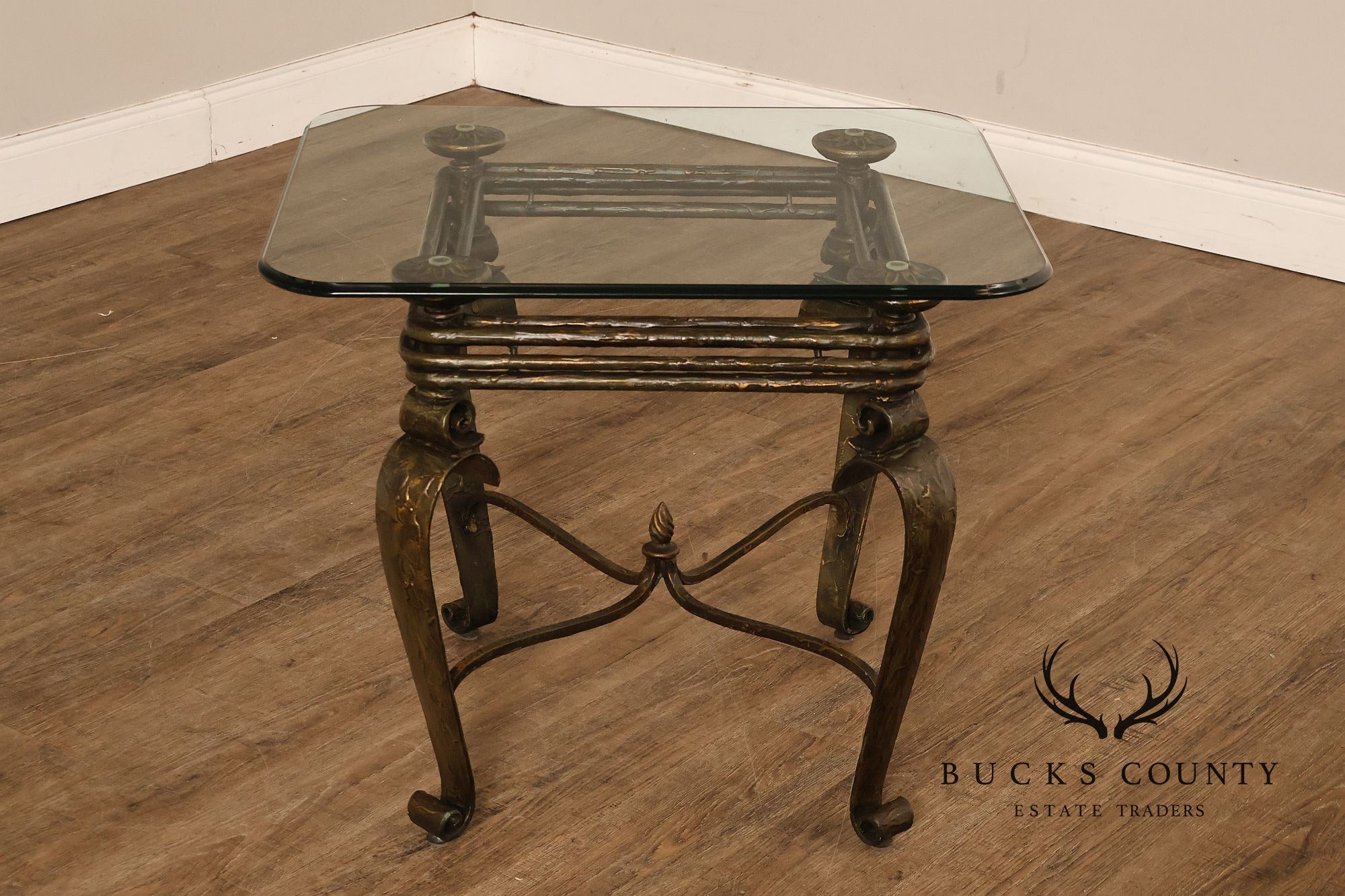 Neoclassical Revival Glass Top Metal Accent Table