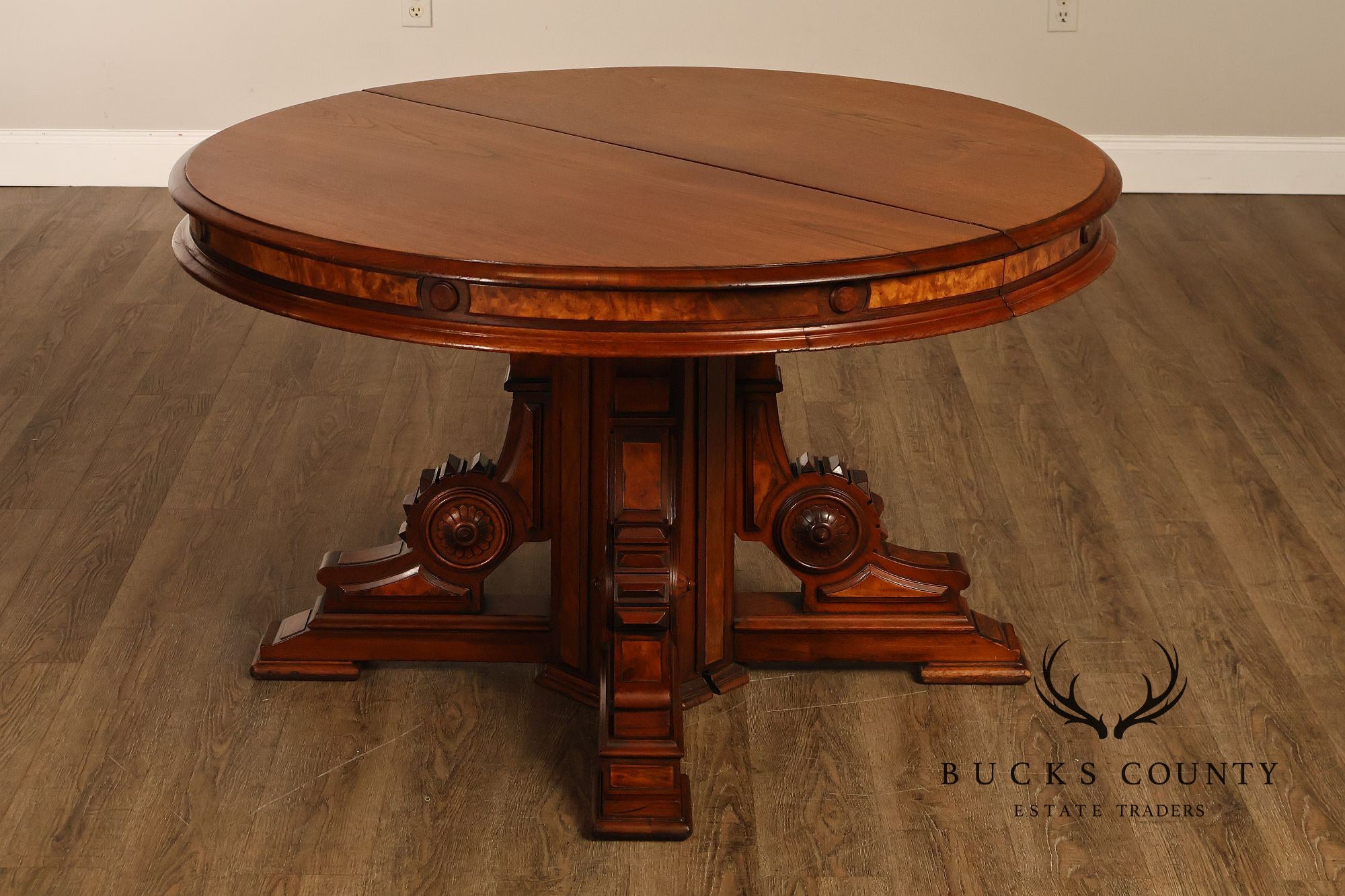 Antique Victorian Renaissance Revival Round Walnut Split Pedestal Extension Dining Table