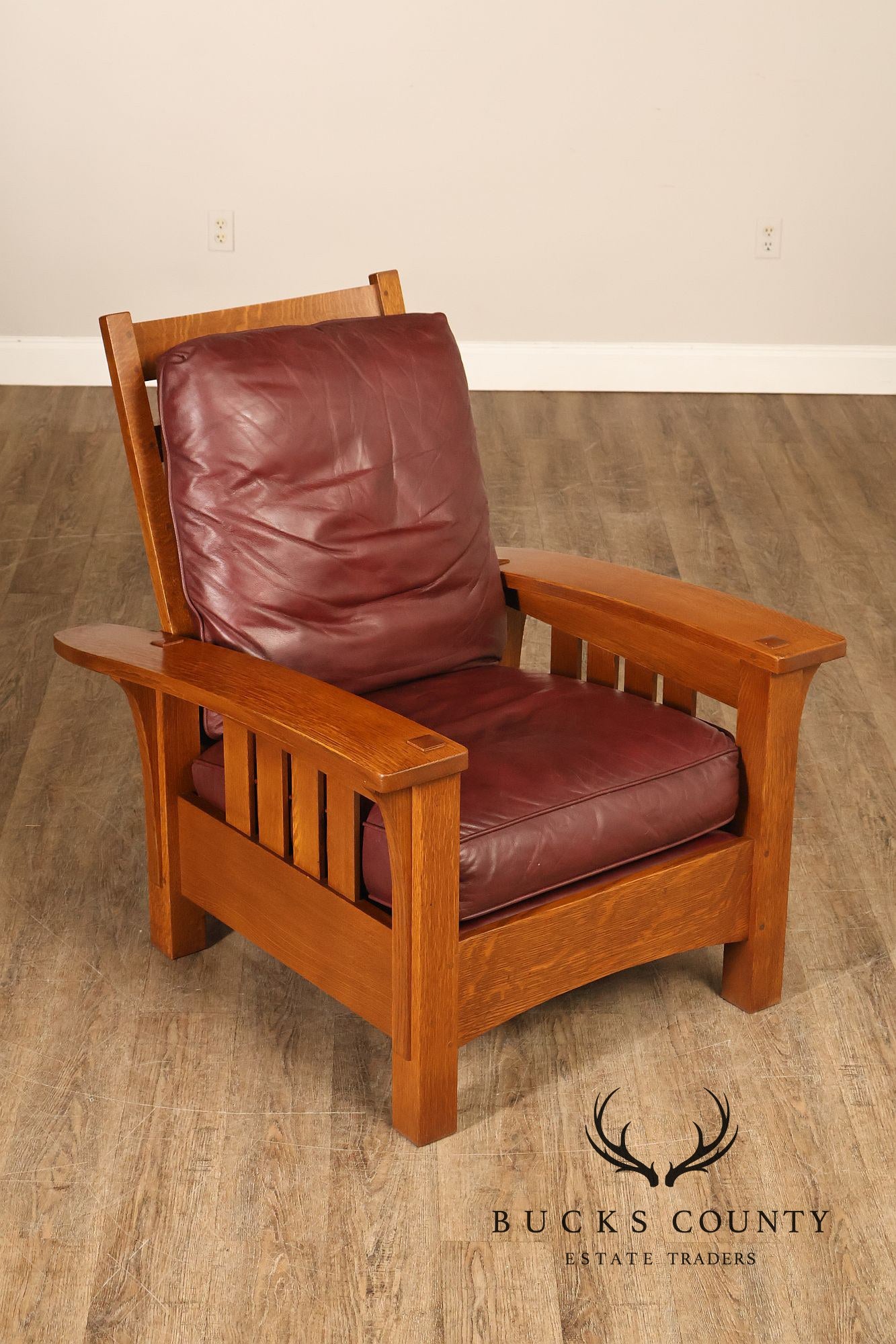 Stickley Mission Collection Oak And Leather Bow Arm Morris Chair