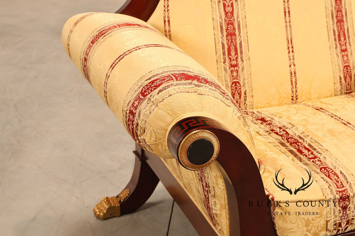 Empire Neoclassical Style Mahogany Upholstered Armchair With Gilt Bronze Accents