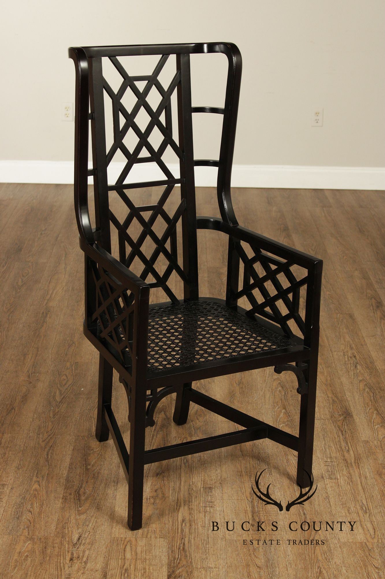 Chinese Chippendale Style Pair of Black Lacquer Armchairs