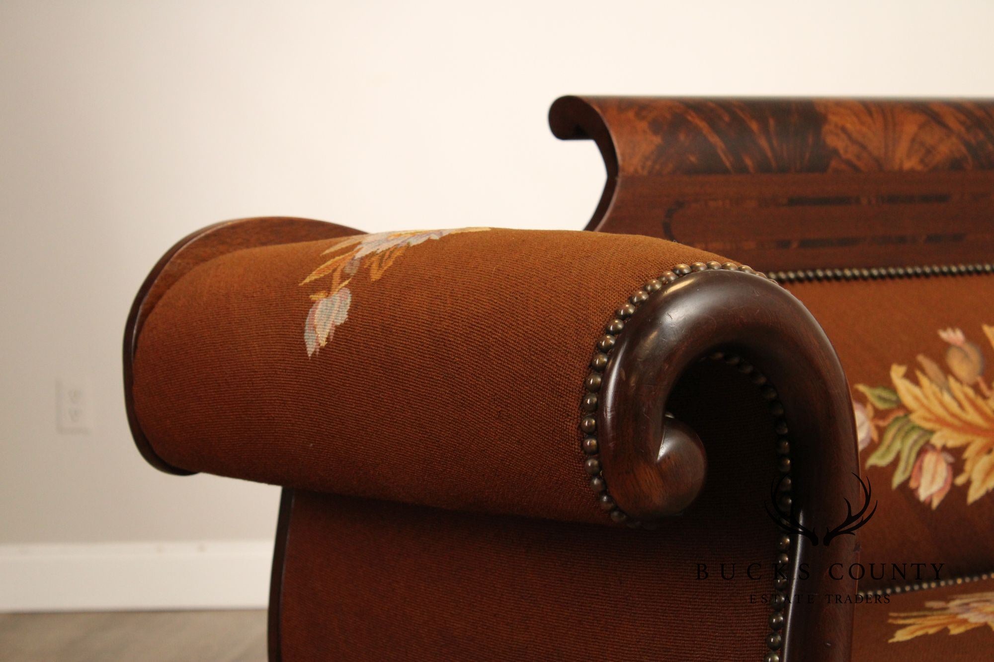 American Empire Carved Mahogany and Needlepoint Sofa
