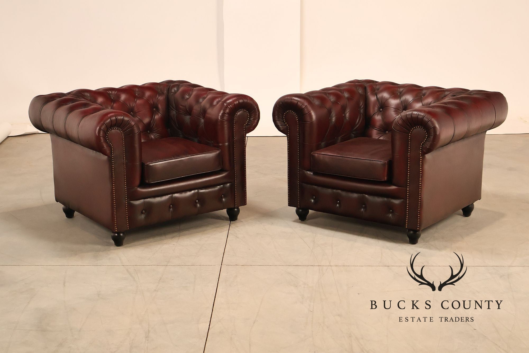 Chesterfield Style Pair Of Oxford Red Tufted Leather Club Chairs