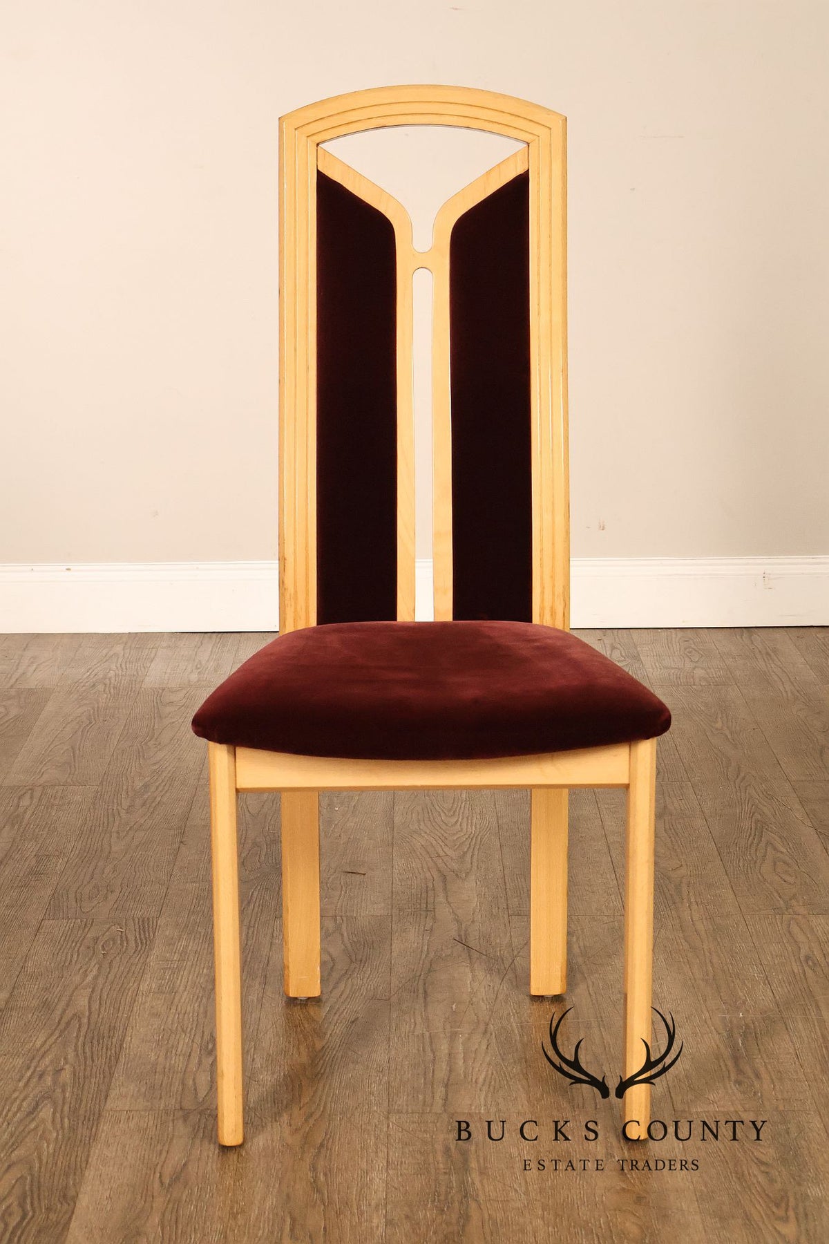 Tonon Set Of Eight Italian Light Wood Modern Dining Chairs With Burgundy Upholstery