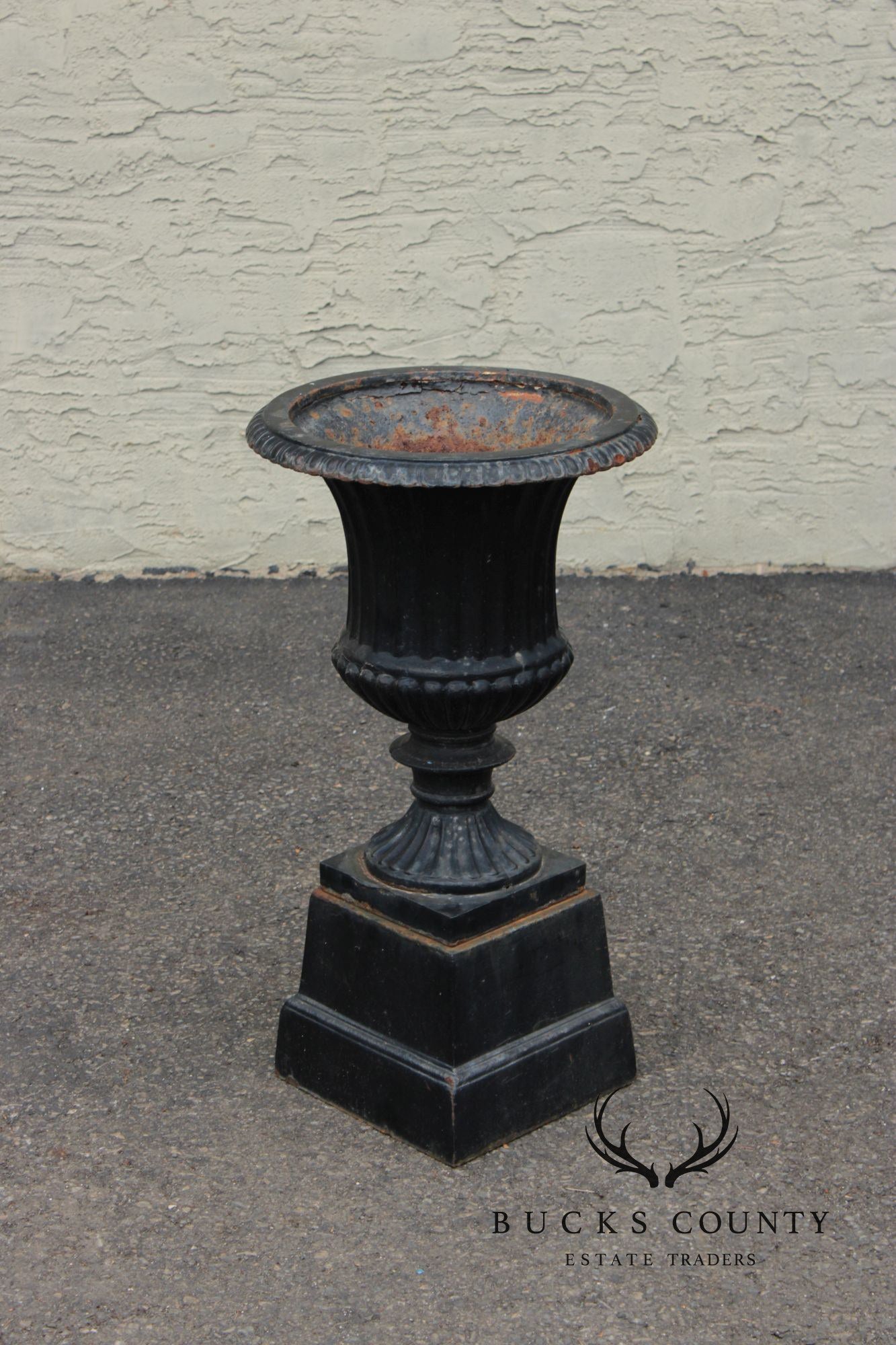 Vintage Pair Of Cast Iron Classical Black Garden Urns On Plinth Bases