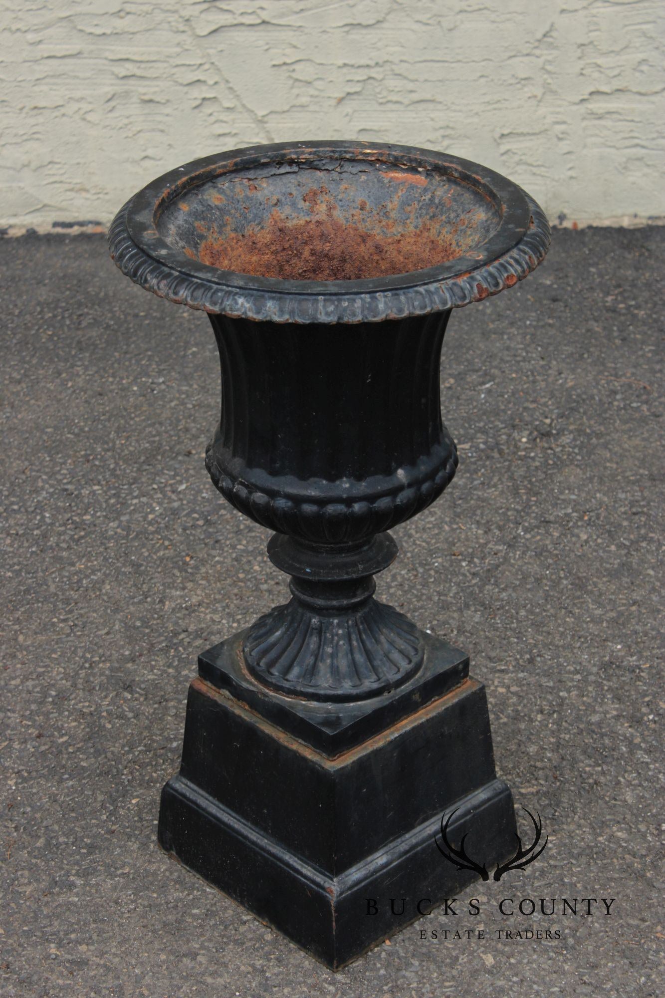 Vintage Pair Of Cast Iron Classical Black Garden Urns On Plinth Bases