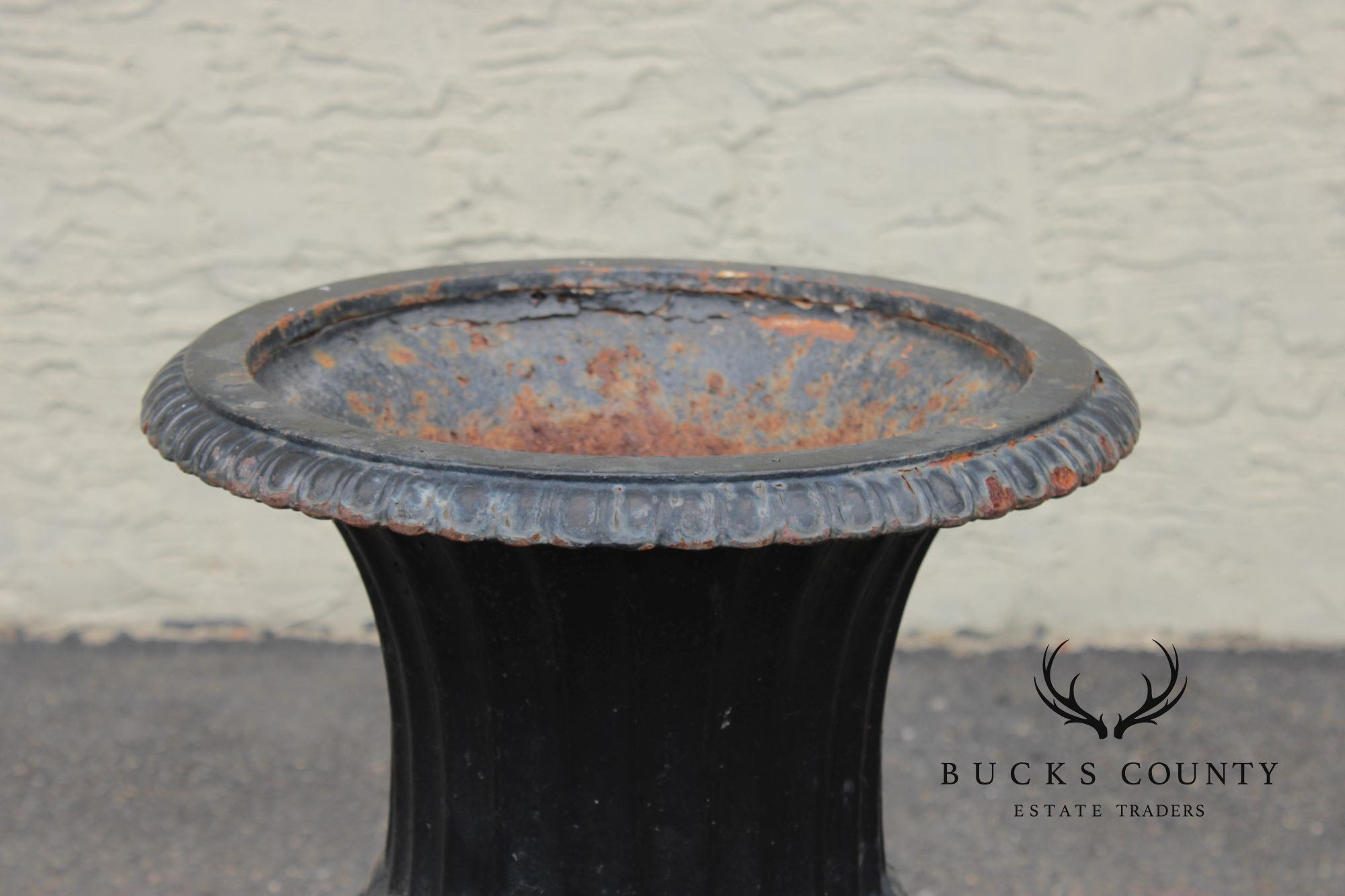 Vintage Pair Of Cast Iron Classical Black Garden Urns On Plinth Bases