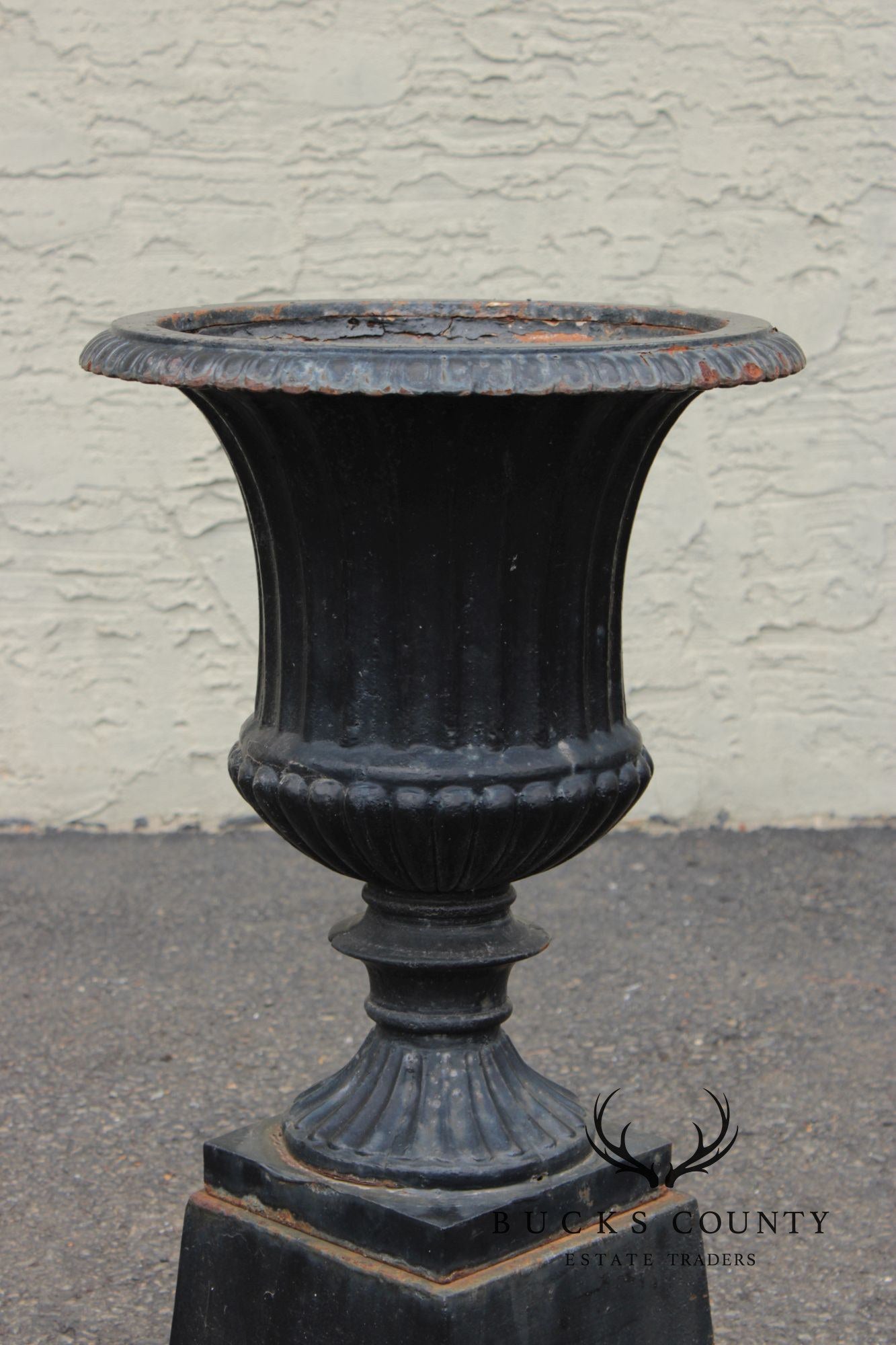 Vintage Pair Of Cast Iron Classical Black Garden Urns On Plinth Bases