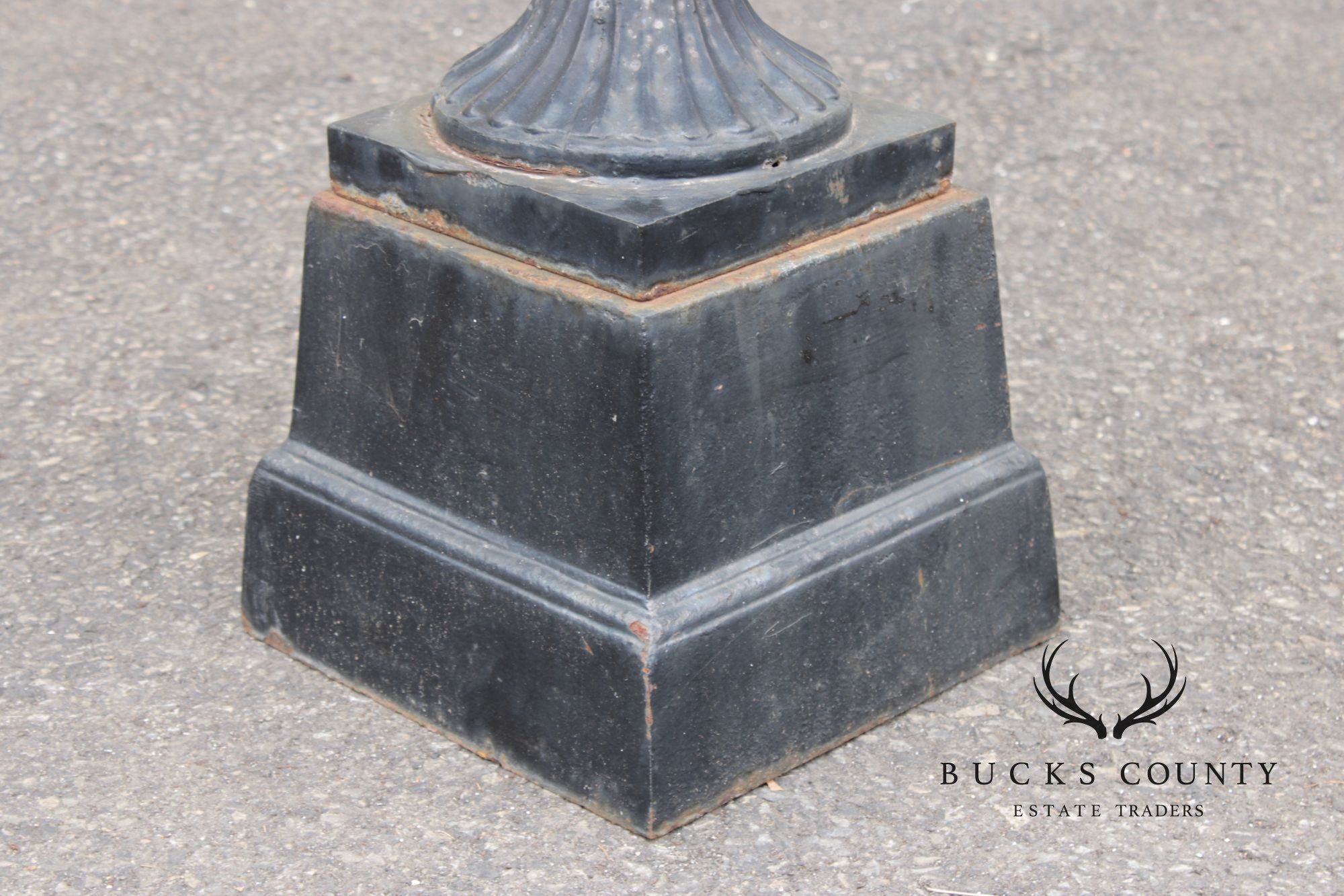 Vintage Pair Of Cast Iron Classical Black Garden Urns On Plinth Bases