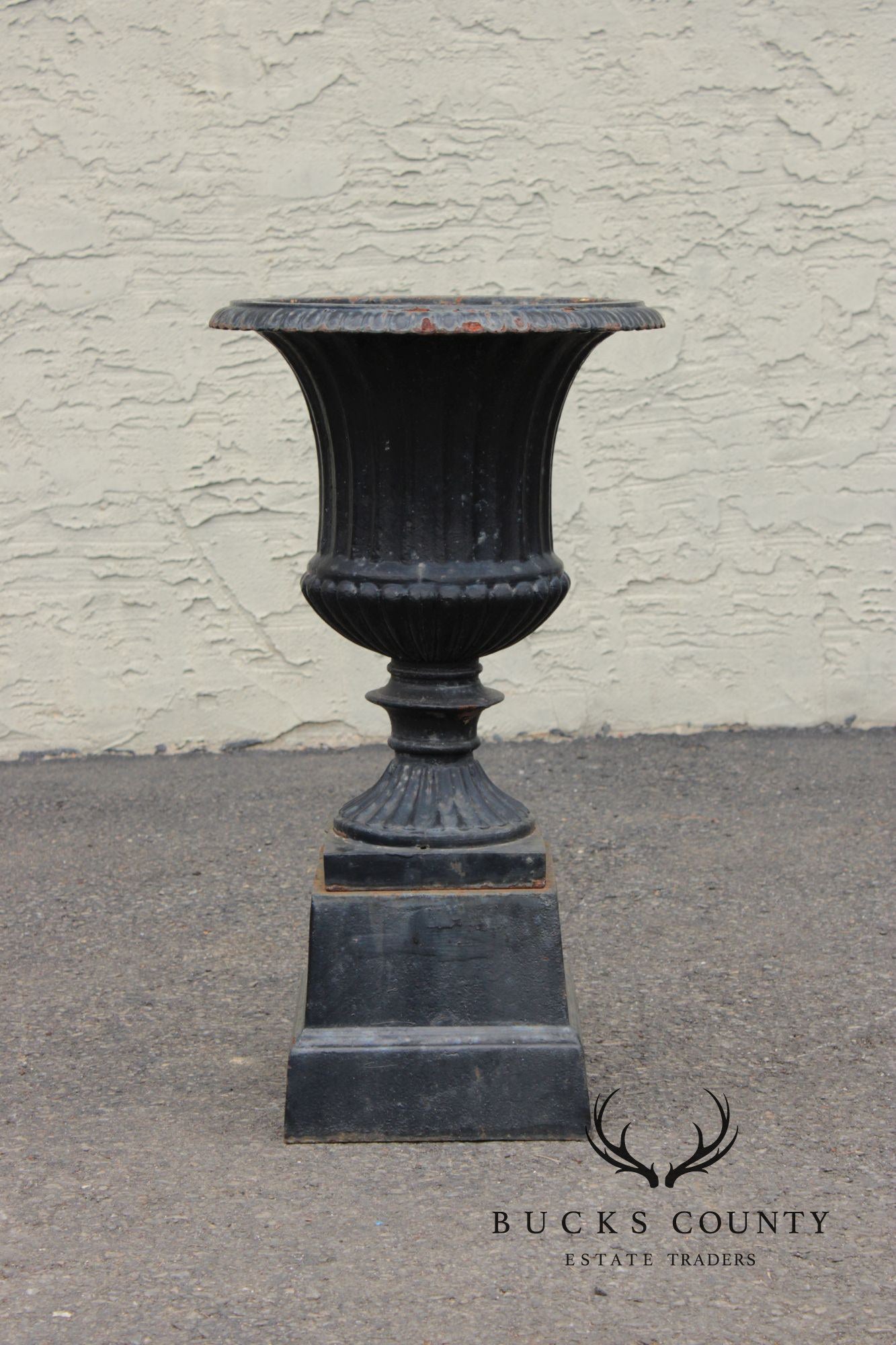 Vintage Pair Of Cast Iron Classical Black Garden Urns On Plinth Bases