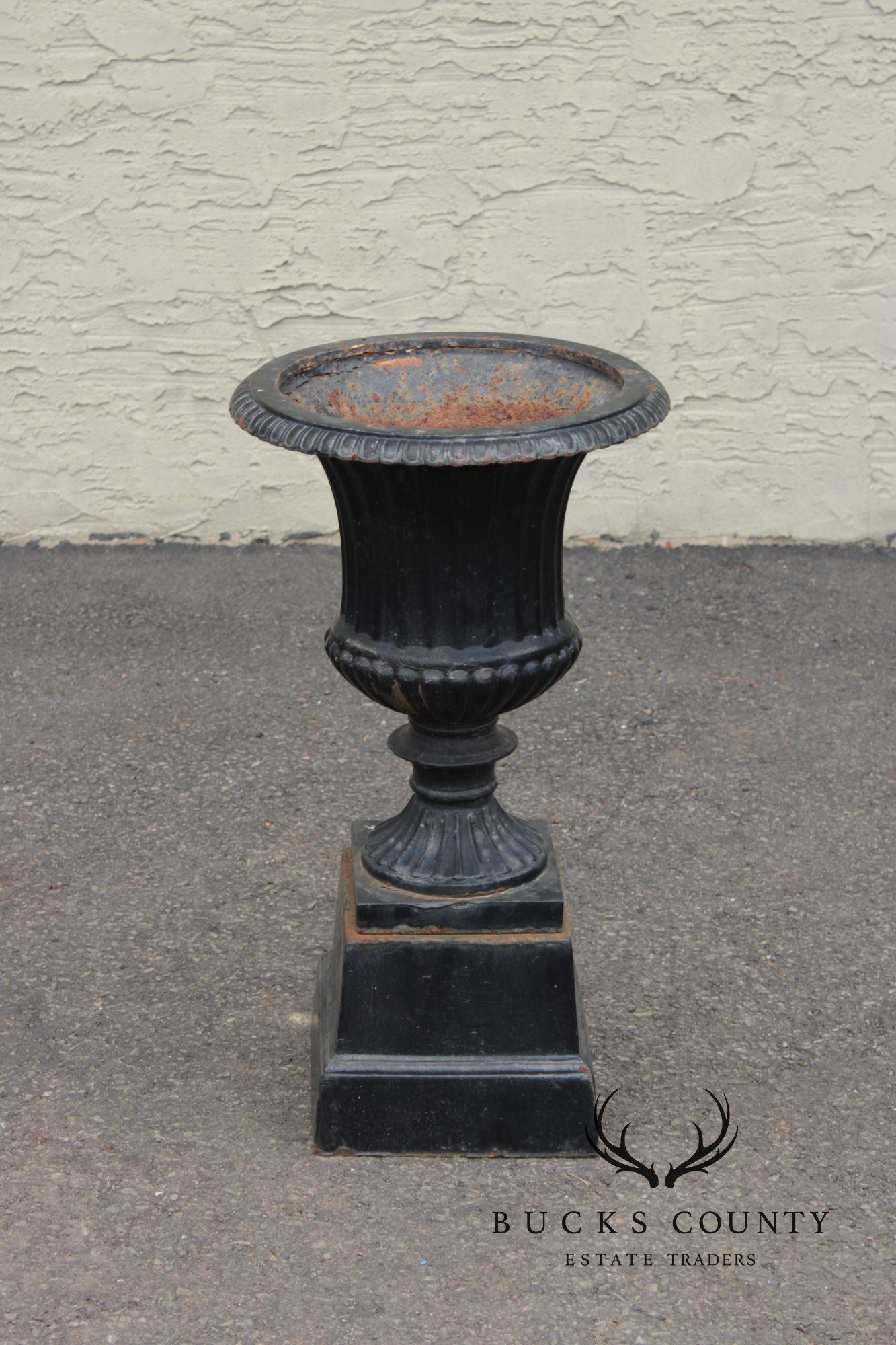 Vintage Pair Of Cast Iron Classical Black Garden Urns On Plinth Bases