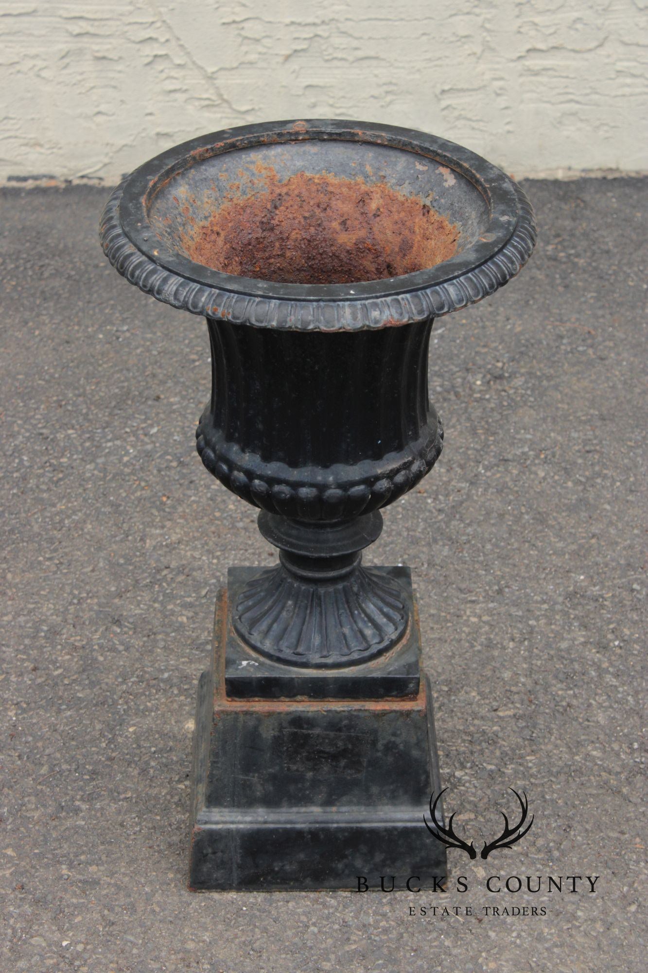 Vintage Pair Of Cast Iron Classical Black Garden Urns On Plinth Bases