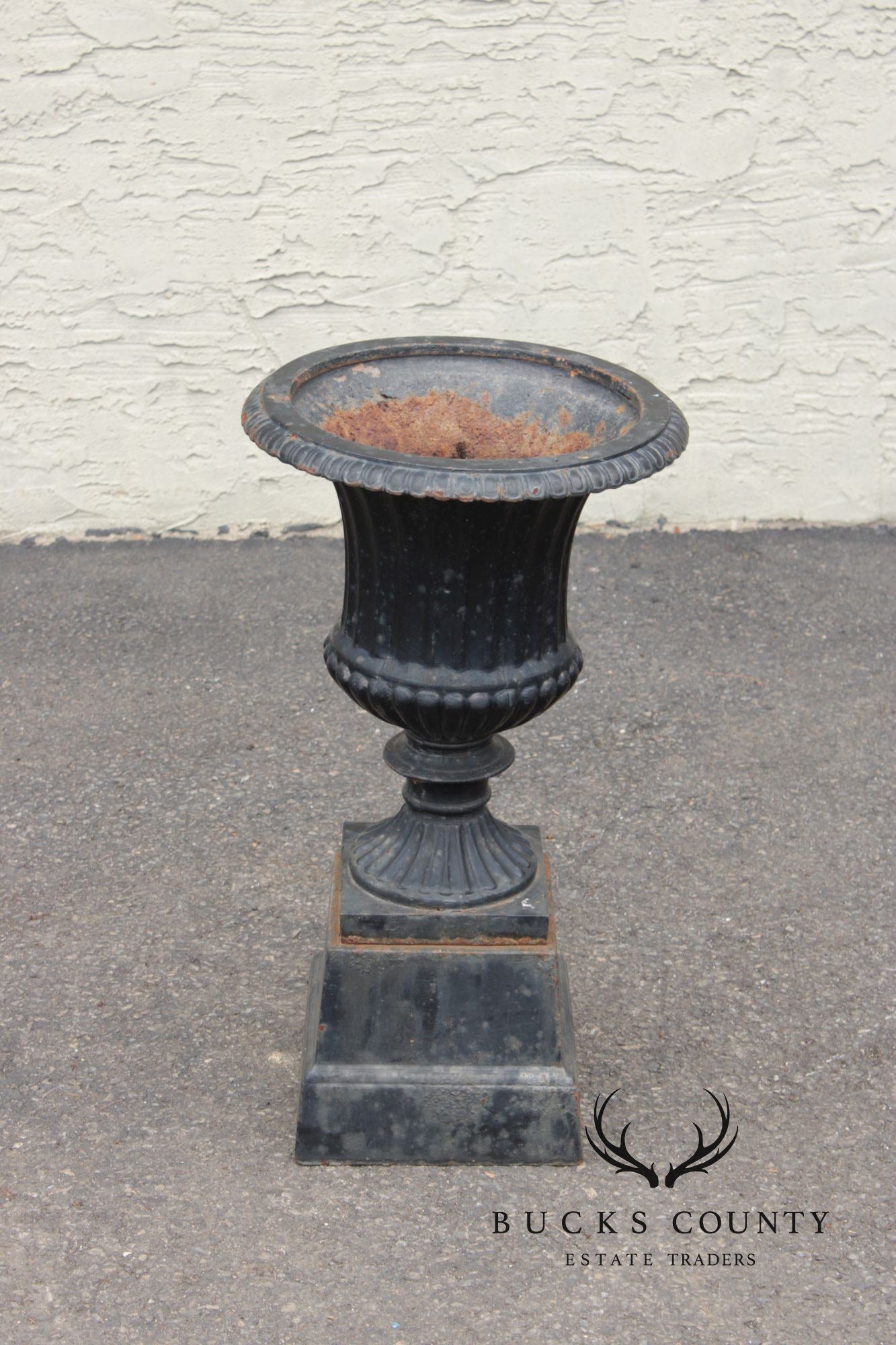 Vintage Pair Of Cast Iron Classical Black Garden Urns On Plinth Bases