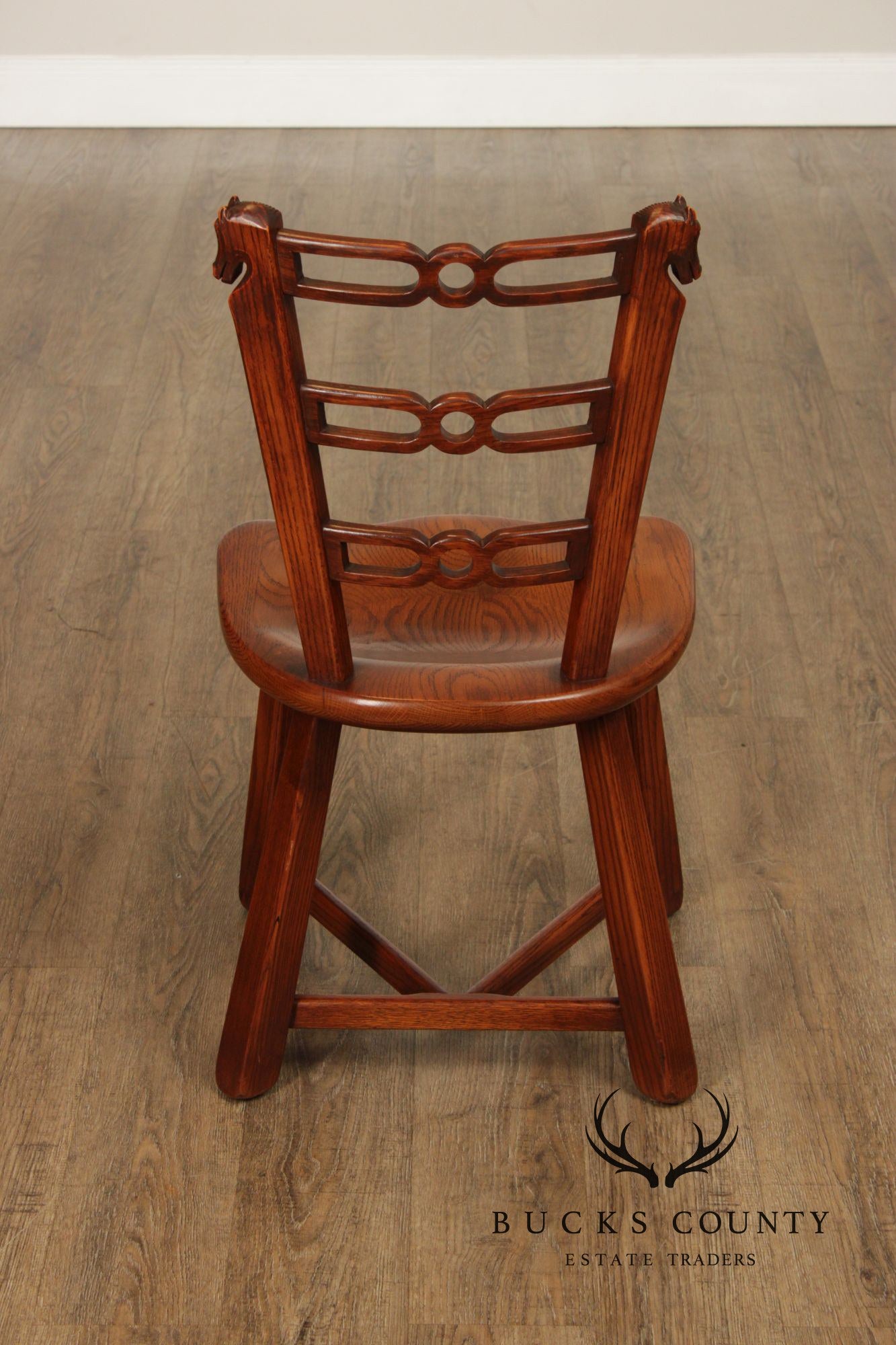 Romweber Set of Six Horse Carved Oak Dining Chairs