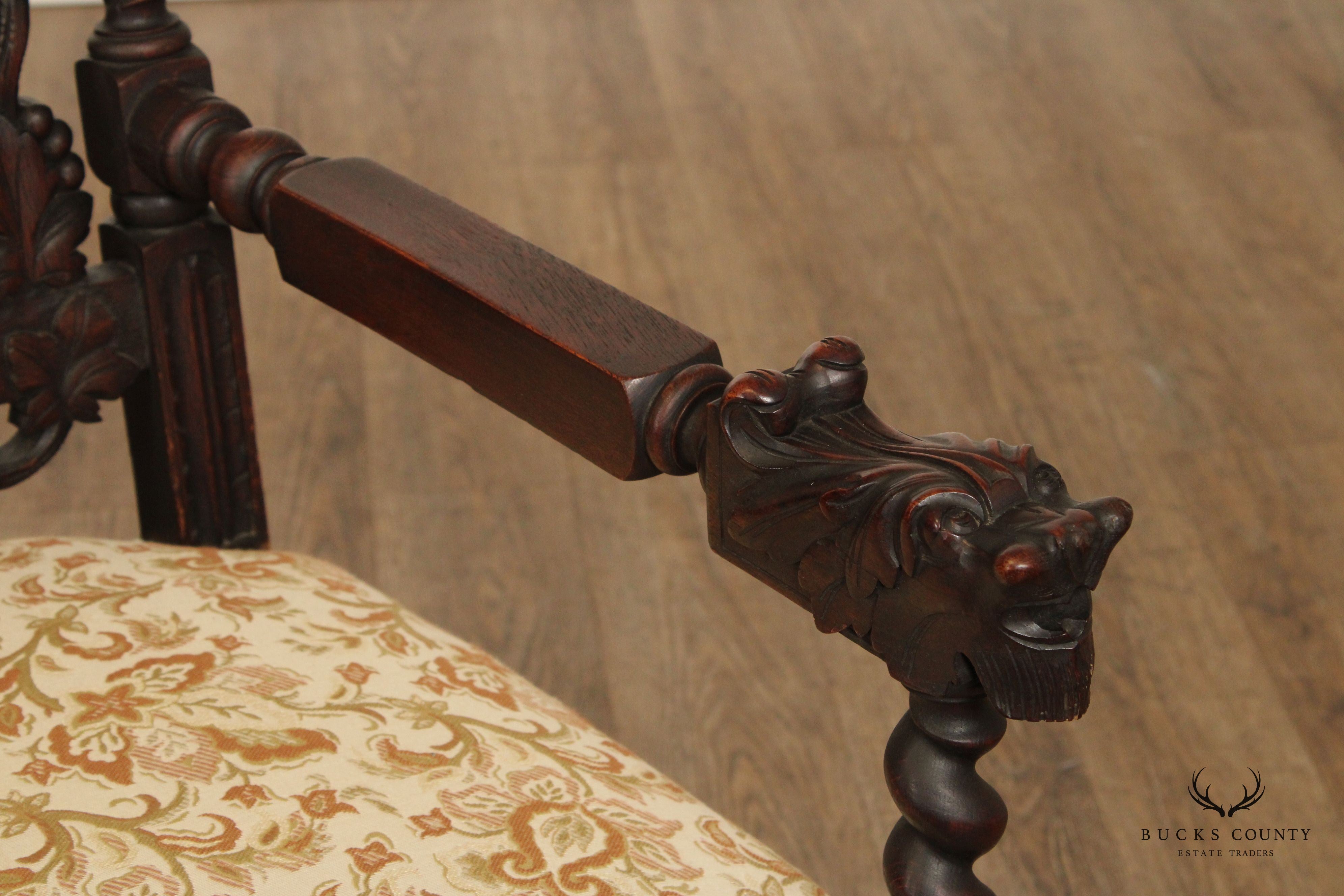 Renaissance Revival Antique Carved Oak Throne Armchair