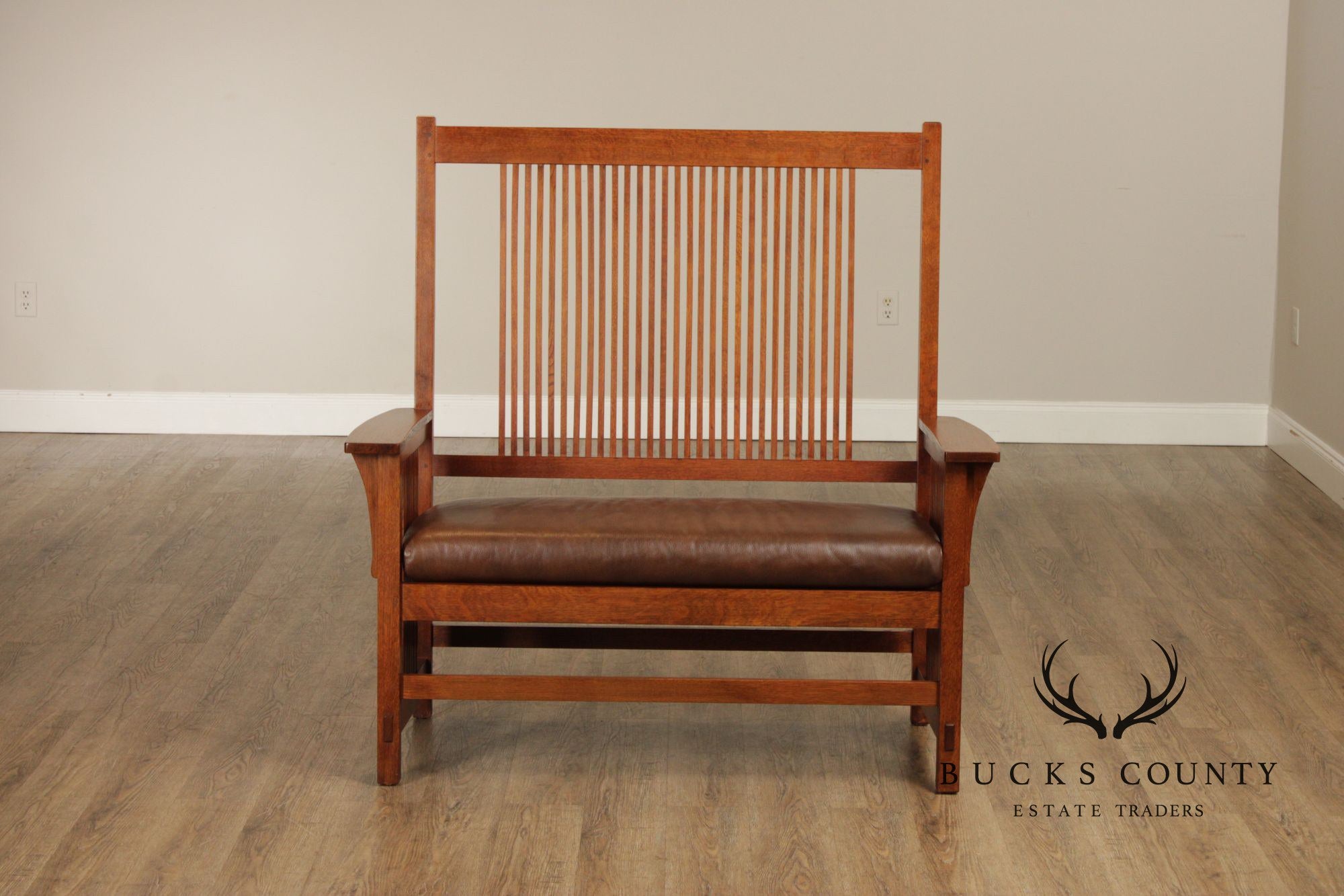 Stickley Mission Collection Oak And Leather Spindle Settee