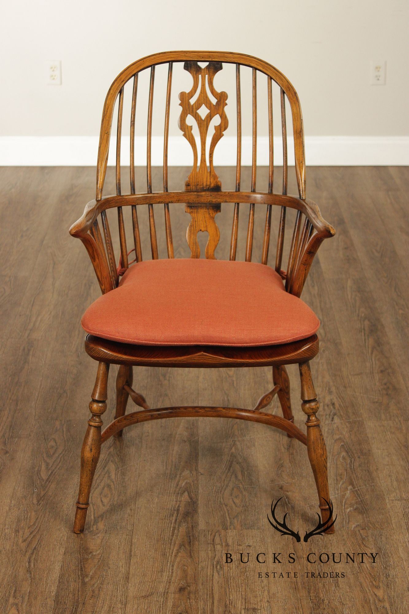 Vintage Set of Four English Oak Windsor Dining Armchairs