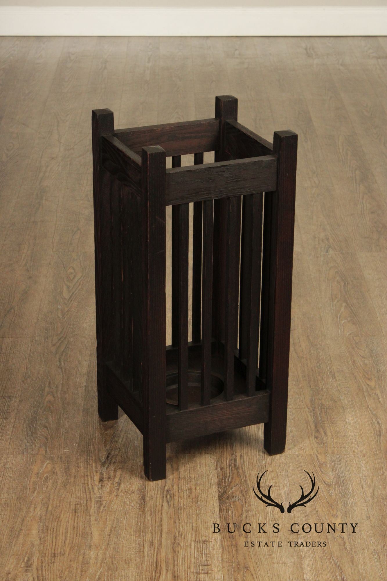 Antique Mission Oak Umbrella Stand With Drip Pan