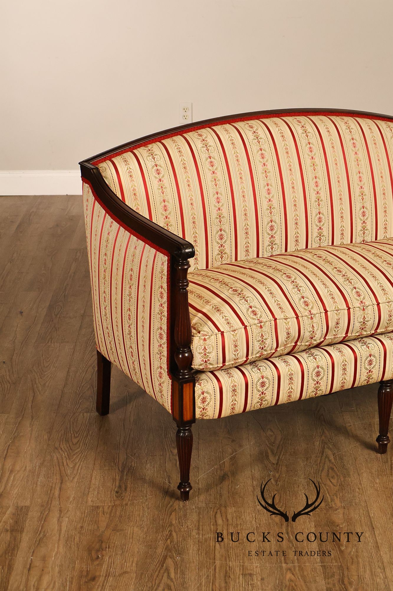 Vintage Sheraton Style Mahogany Inlaid Upholstered Loveseat