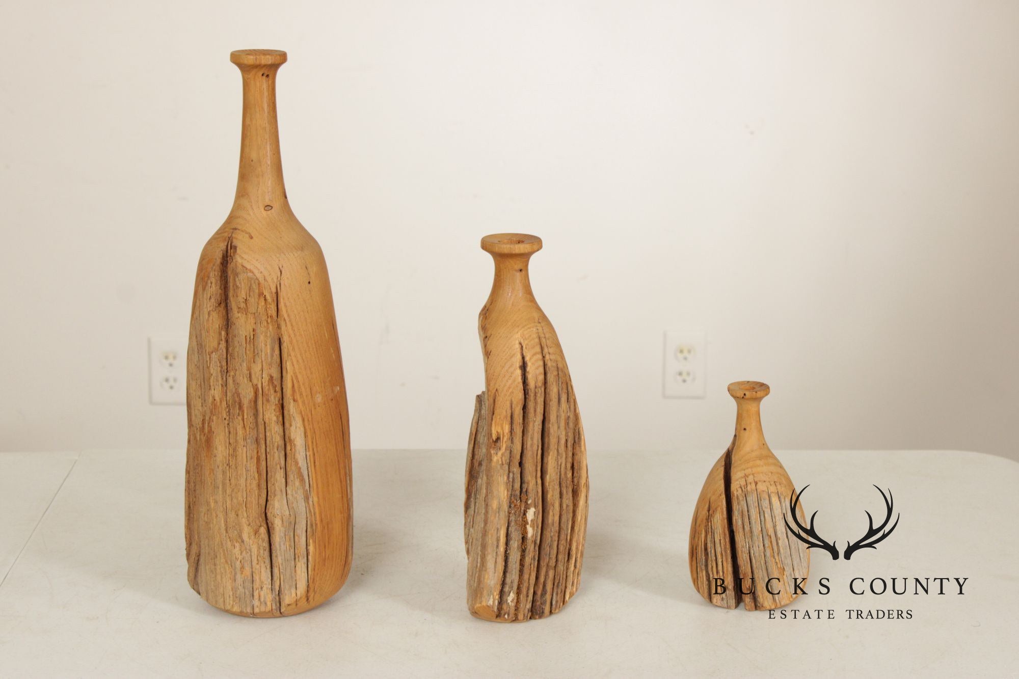 Vintage Set of Three Carved Wood Bottles