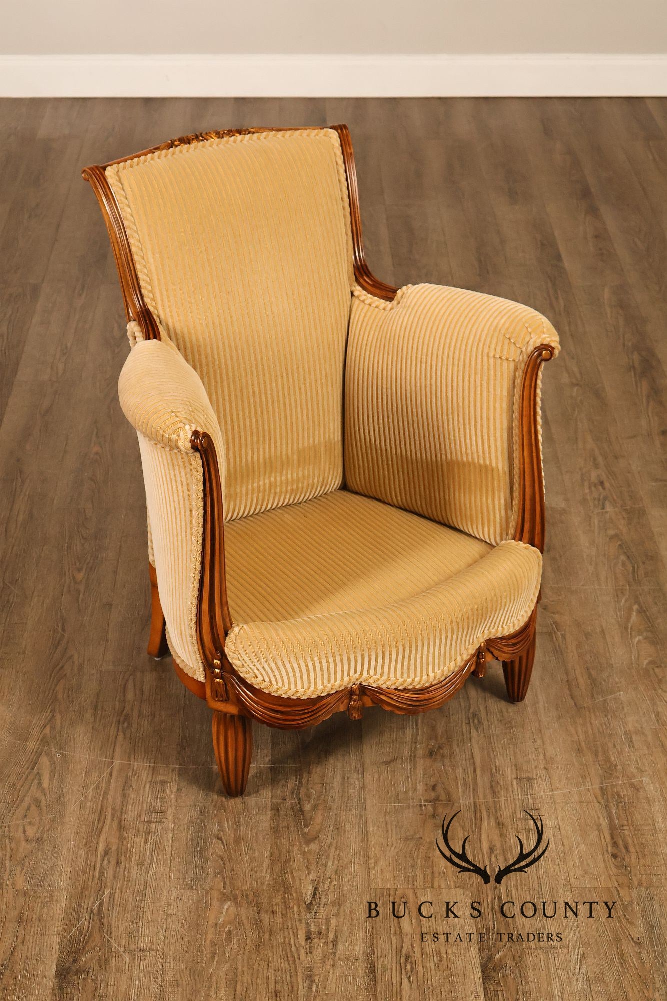 Medea Furniture Pair of Louis XVI Style Carved Bergere Armchairs With Gold Striped Velvet Upholstery