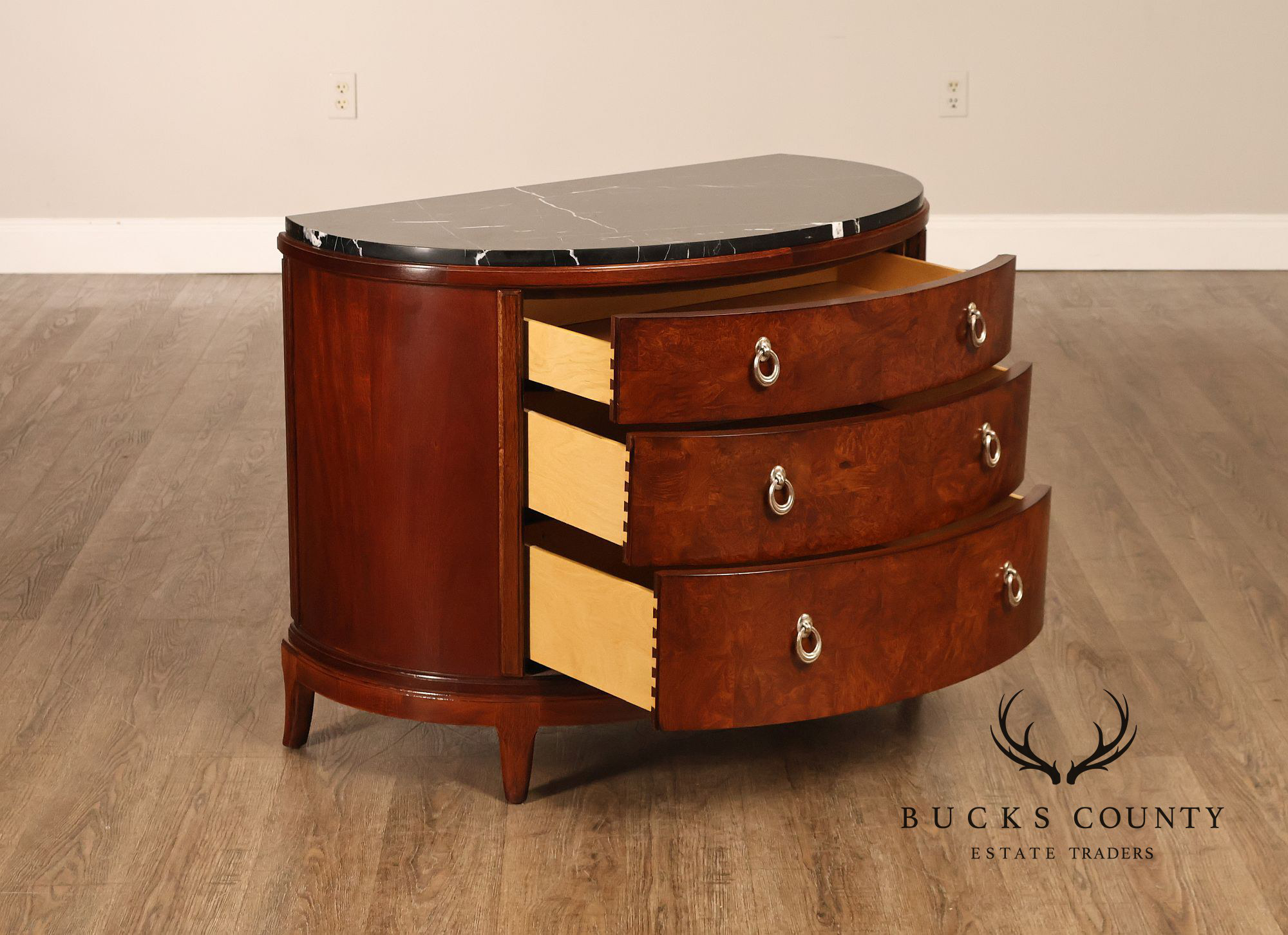 Thomasville Bogart Collection Pair of Marble Top Burlwood Commodes