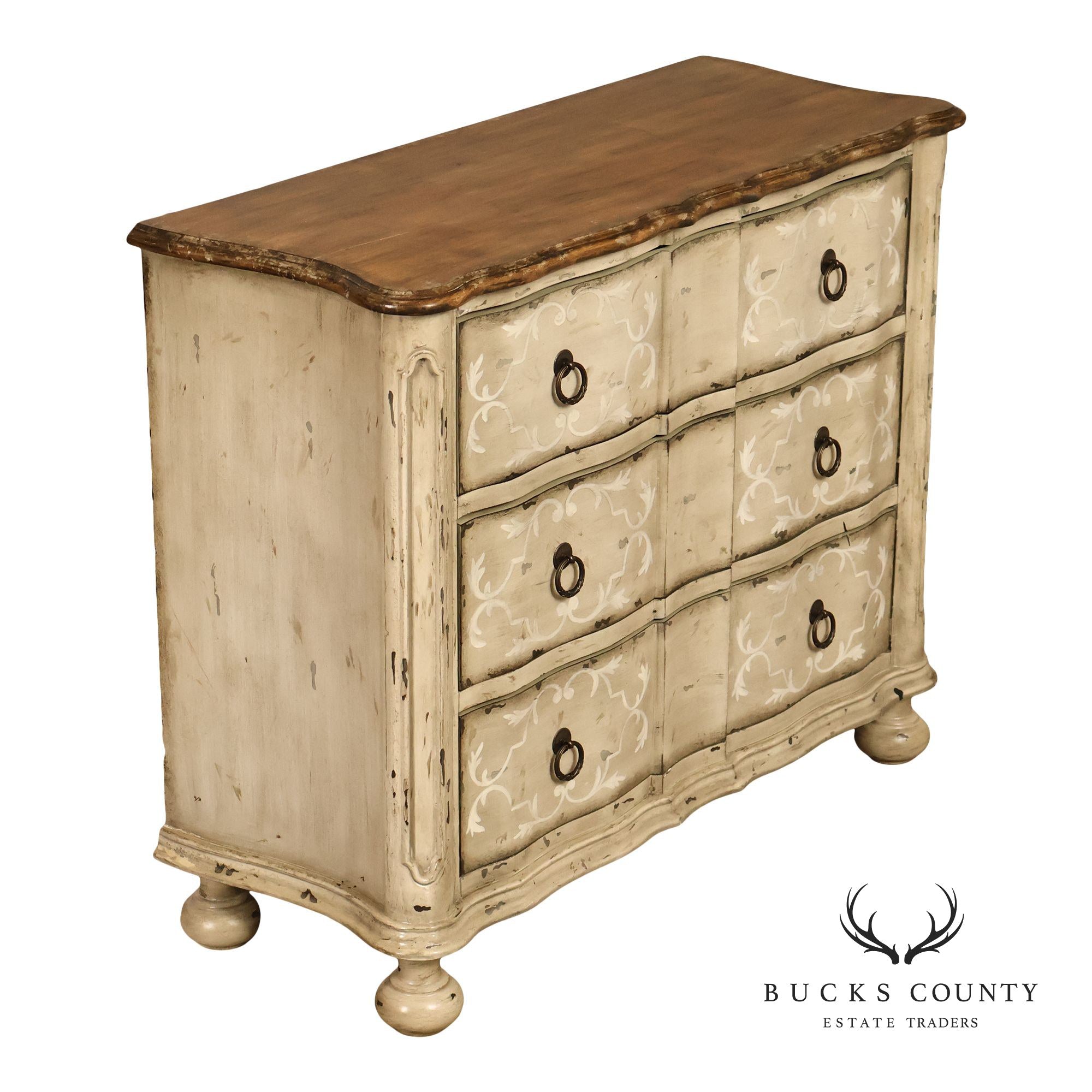 Painted Rustic European Style Three Drawer Chest With Distressed Finish