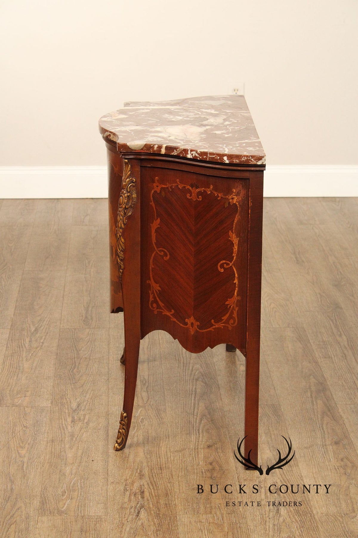 French Louis XV Style Ormolu Mounted Marquetry Bombe Chest