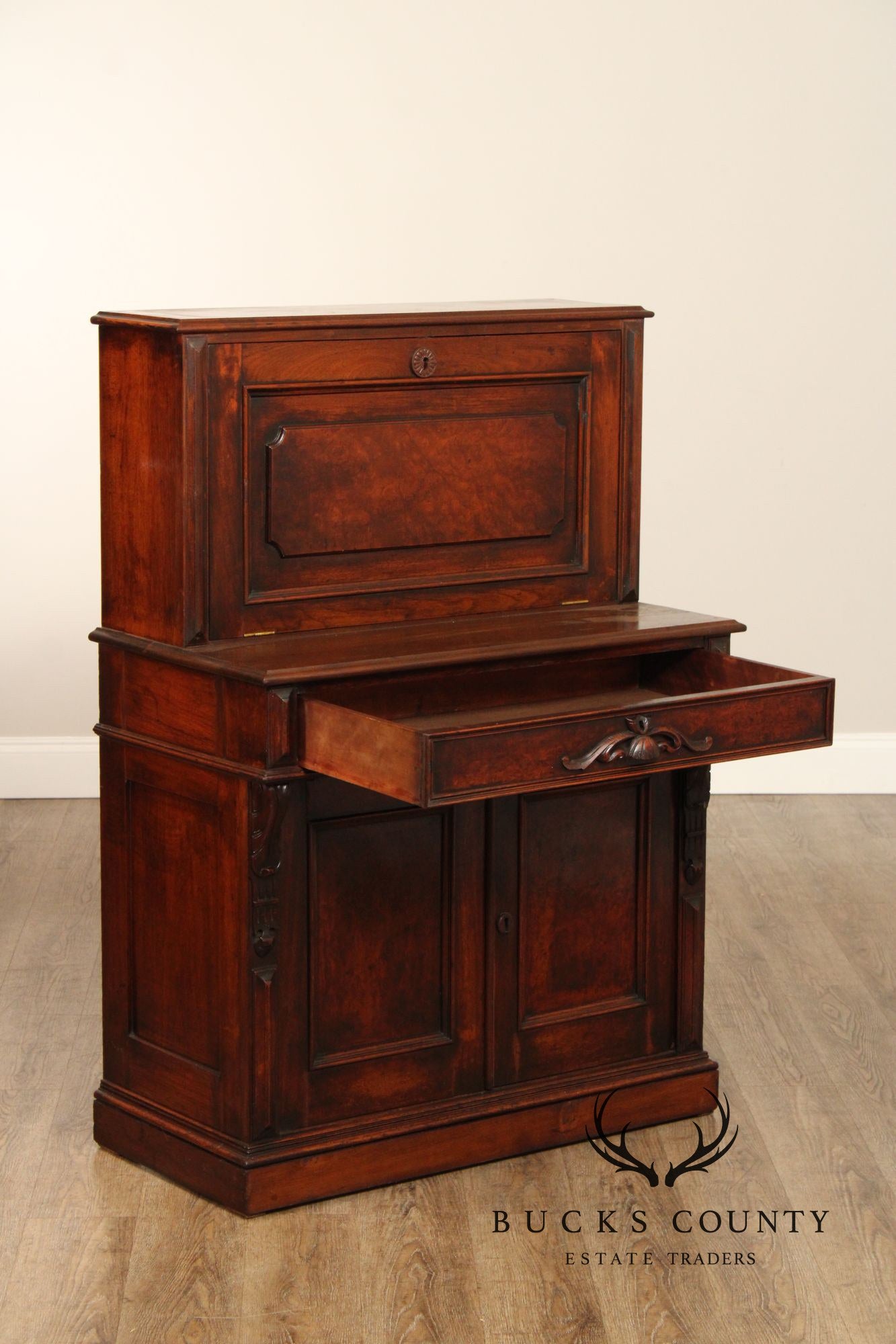 Antique Renaissance Revival Carved Walnut Drop-Front Desk