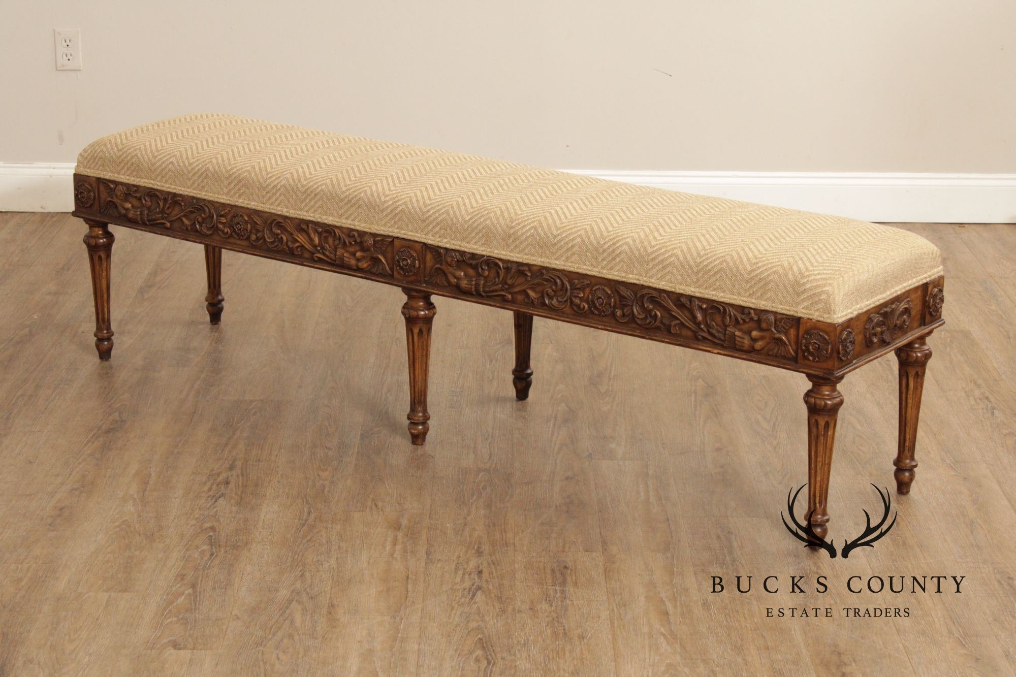 French Louis XVI Style Carved Frame Six Leg Window Bench