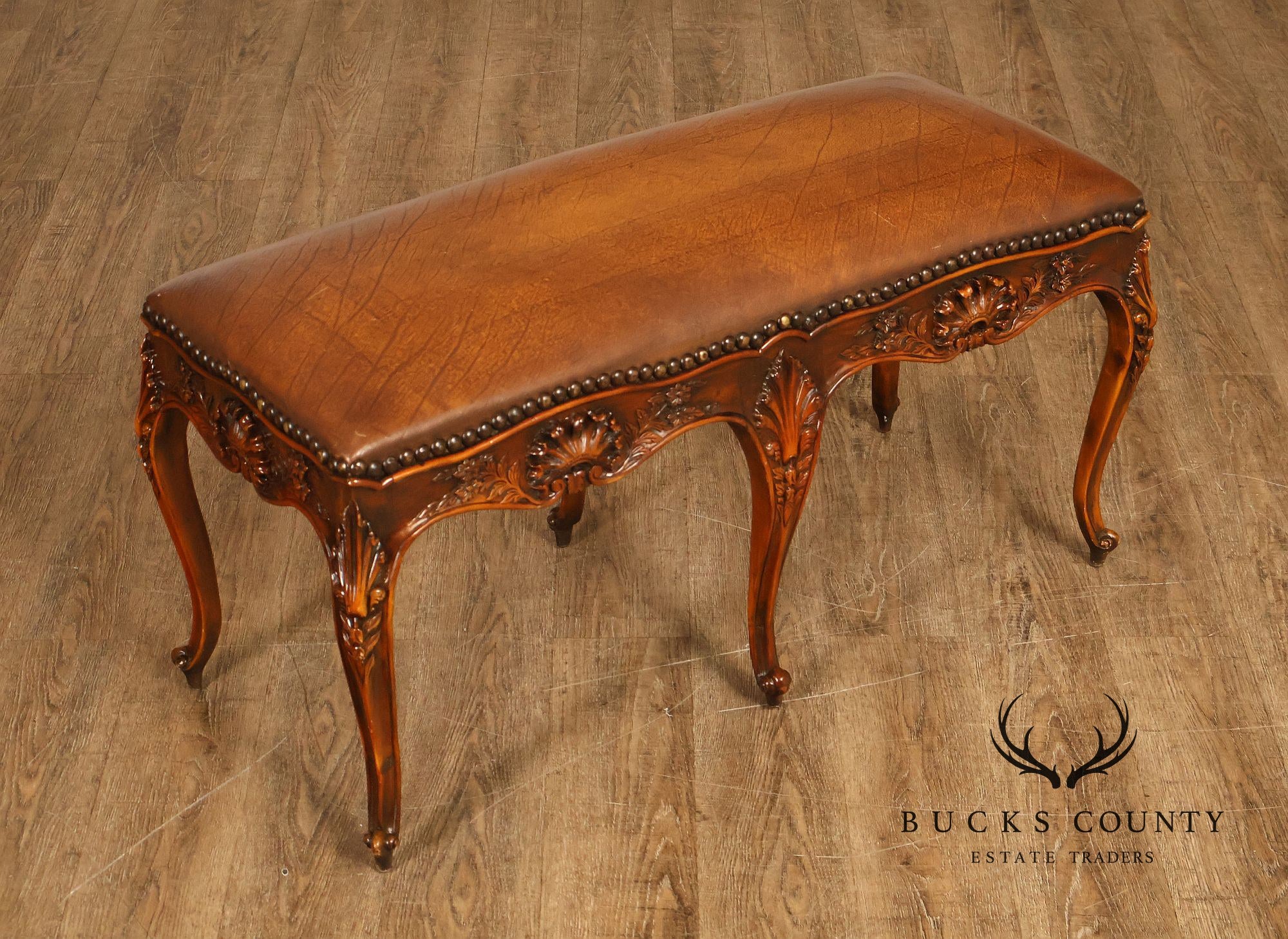 Rococo Style Leather Upholstered Carved Mahogany Window Bench