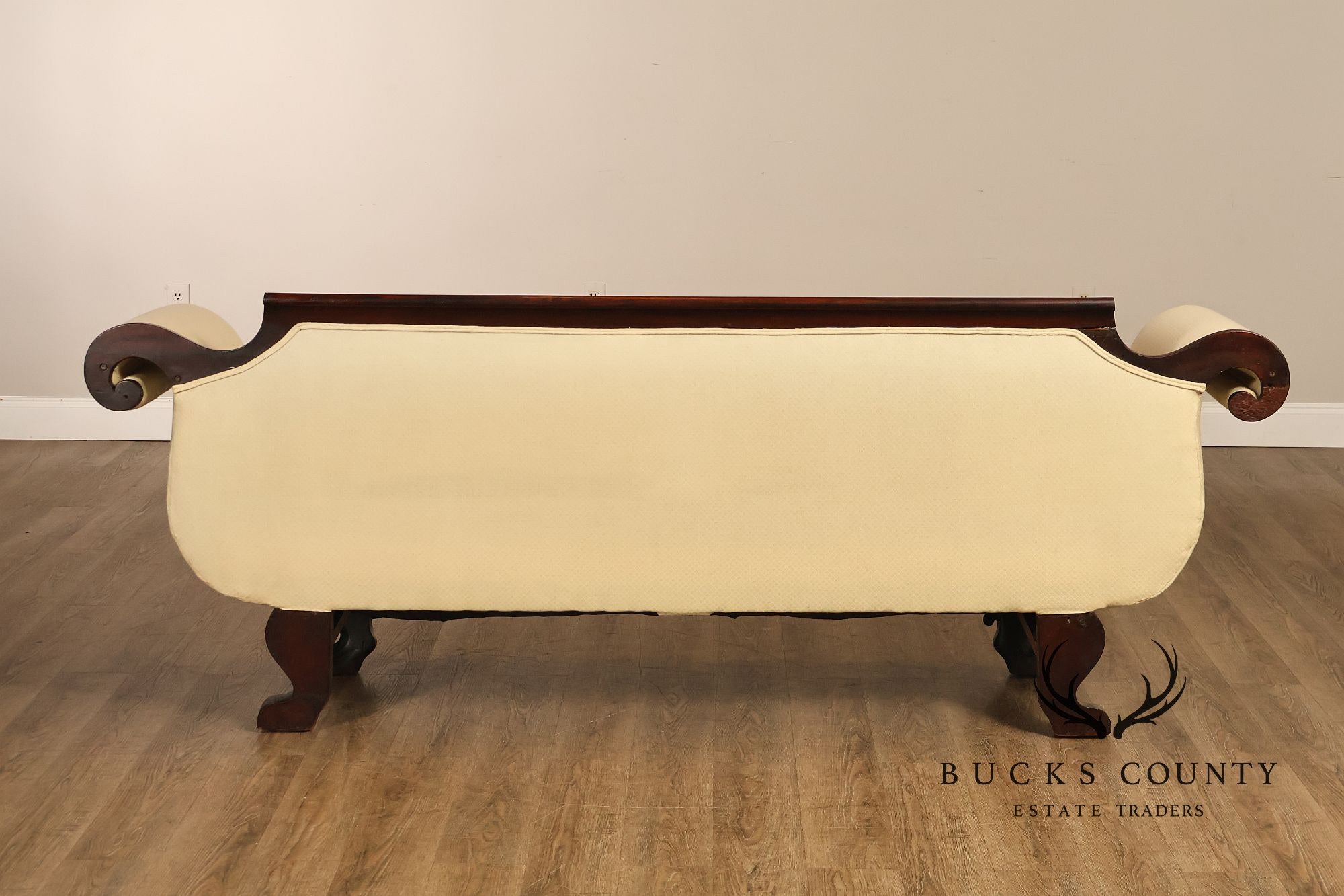 Antique Empire Style Mahogany Classical Scroll Arm Sofa