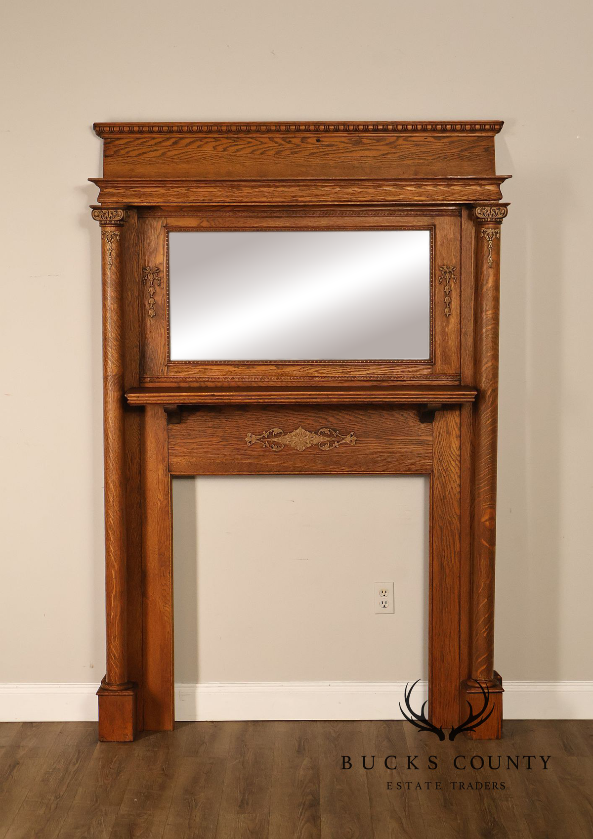 Antique C.B. Atkin Company Victorian Oak Mirrored Fireplace Mantel